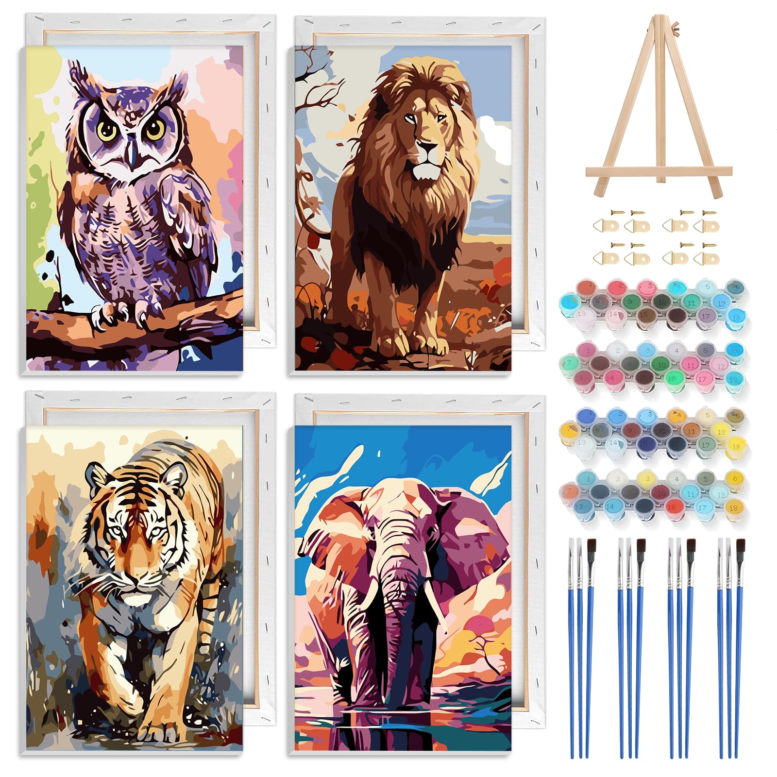 NAIMOER 4 Pack Framed Paint by Numbers Animals for Adults Kids, DIY Owl Lion Paint by Numbers for Boys Girls, Art on Canvas Gifts Home Wall Decor 8x12in