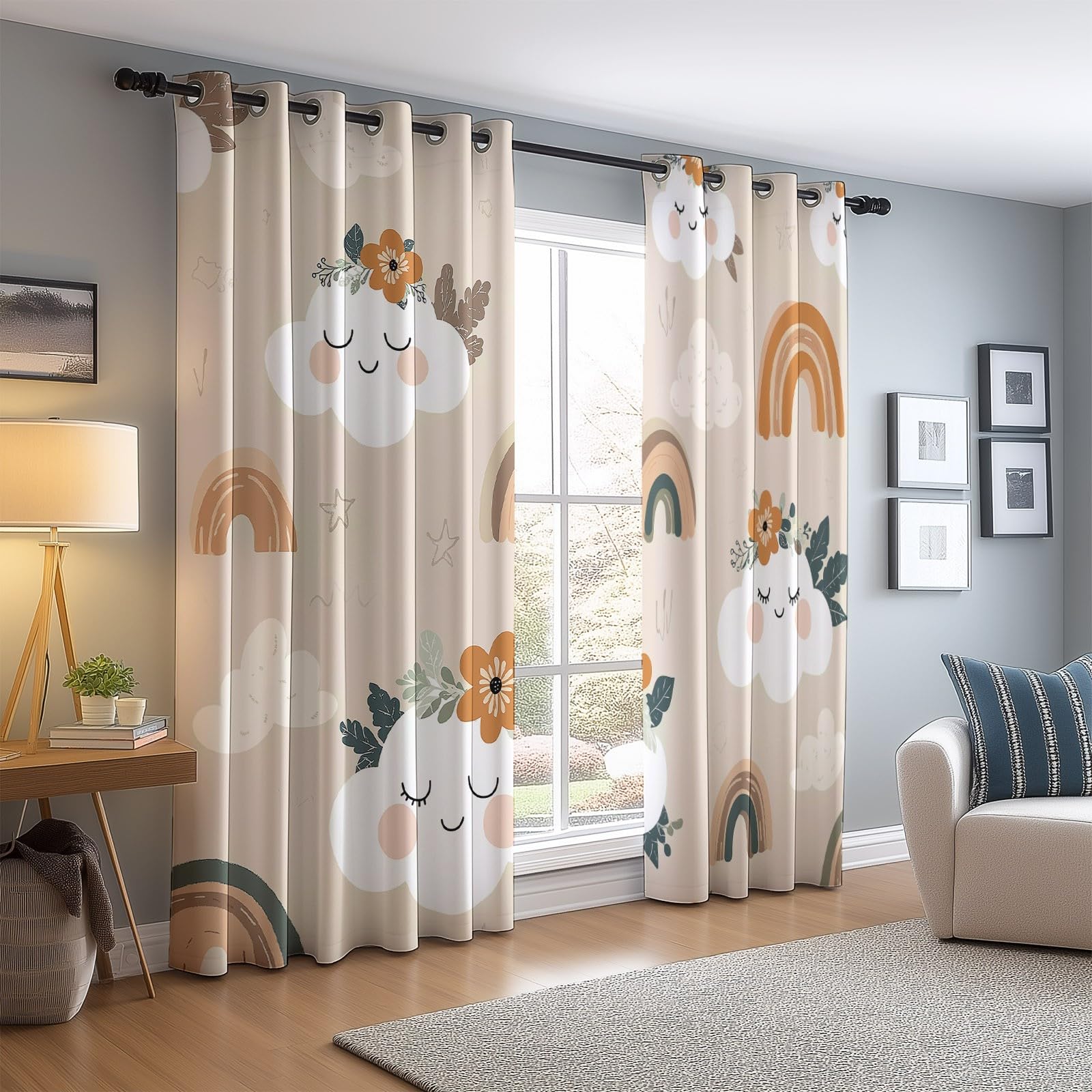 Rideaux Occultants 91.5L X 160H cm (2 Panneaux), Style Imprimé De Jolis Nuages Souriants, Draperies Anti-Chaleur pour Chambre d'enfant, Beige