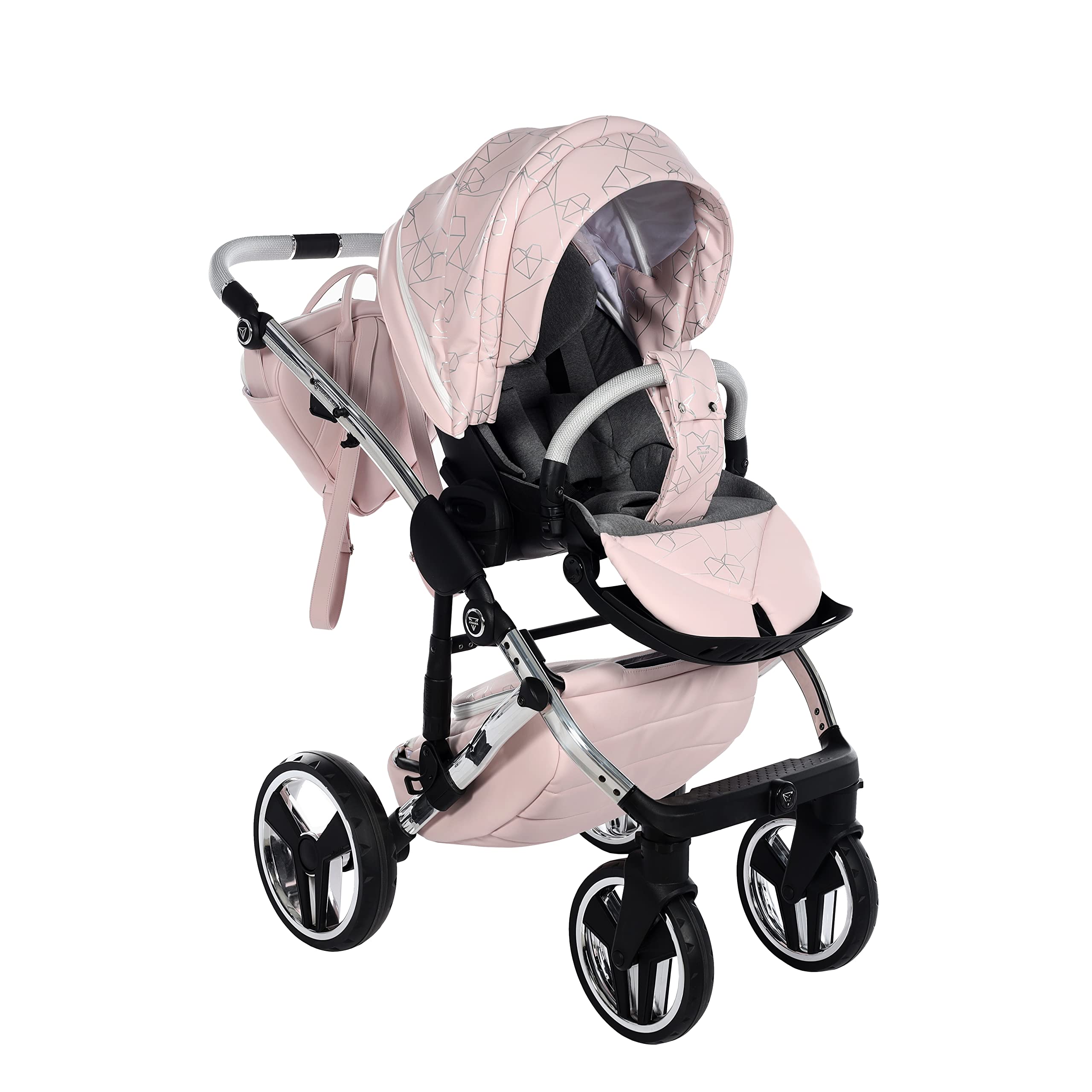Junama Diamond Heart 06 Rosa y Plateado Cochecito de Bebé 2 en 1, 3 en 1, 4 en 1 + Sombrilla para Carrito (3 en 1 con silla de auto)