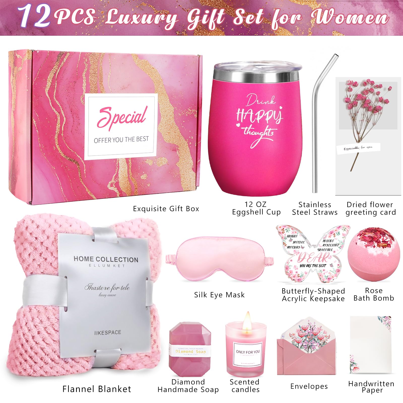 Birthday Gifts for Women, 12 PCS Unique Relaxing Spa Self Care Box Get Well Soon Gifts Baskets, Mothers Day Gifts for Mom, Wife, Girlfriend, Friends, Her Fantasy Box (): Pink