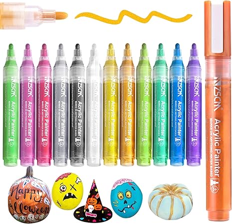 Amazon Com Paint Pens Acrylic Markers Zscm 12 Colors Paint Markers For Halloween Pumpkin Painting Metallic Art Marker For Kids Adults Card Making Rocks Painting Wood Slices School Supplies Arts Crafts