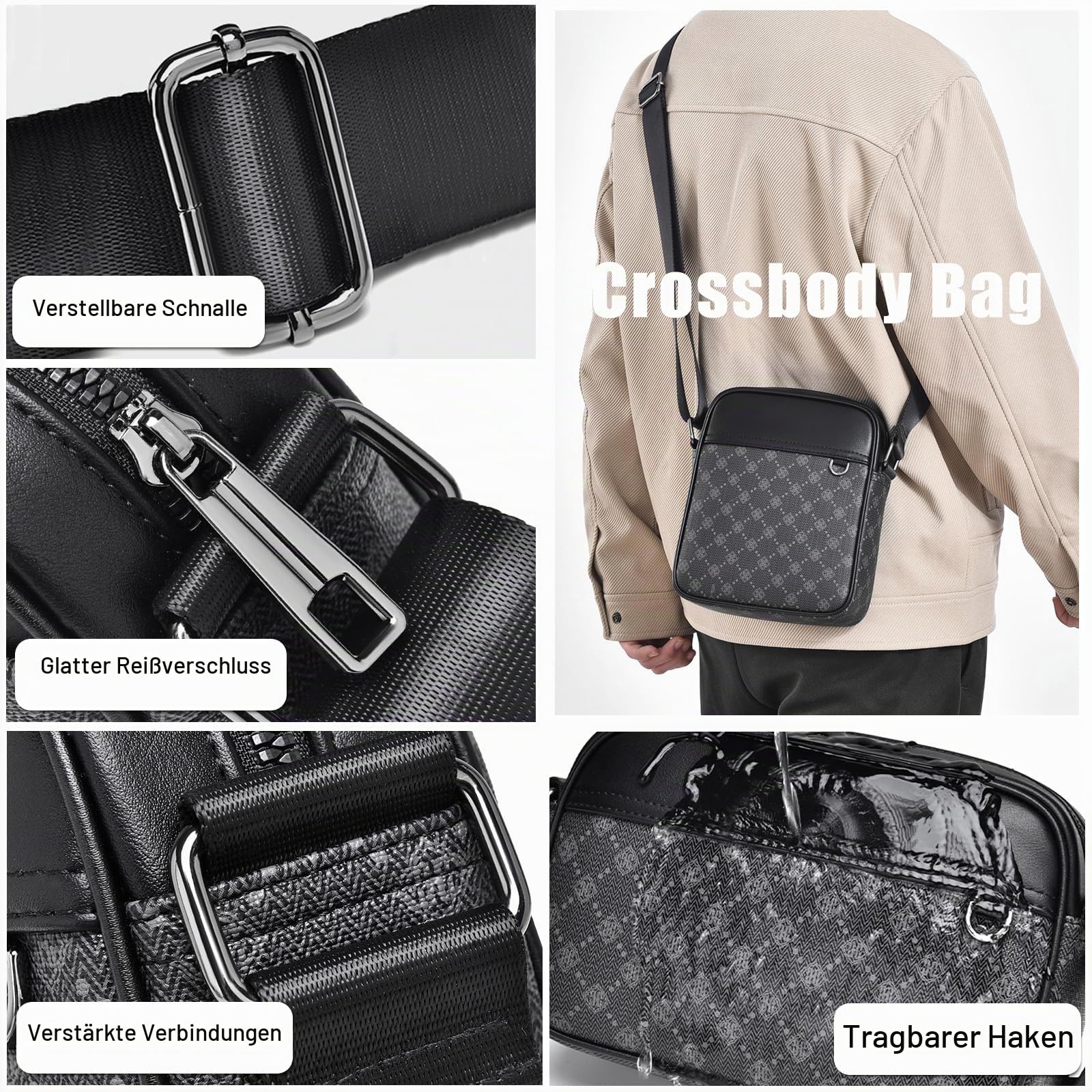 FANDARE Umhängetasche PVC Leder Herren Herrentasche Retro Horizontal Damen Schultertasche Handgelenktasche Arzttasche Schultertasche Crossbody Messenger Bag Arbeitstasche Geschenk für Männer Schwarz