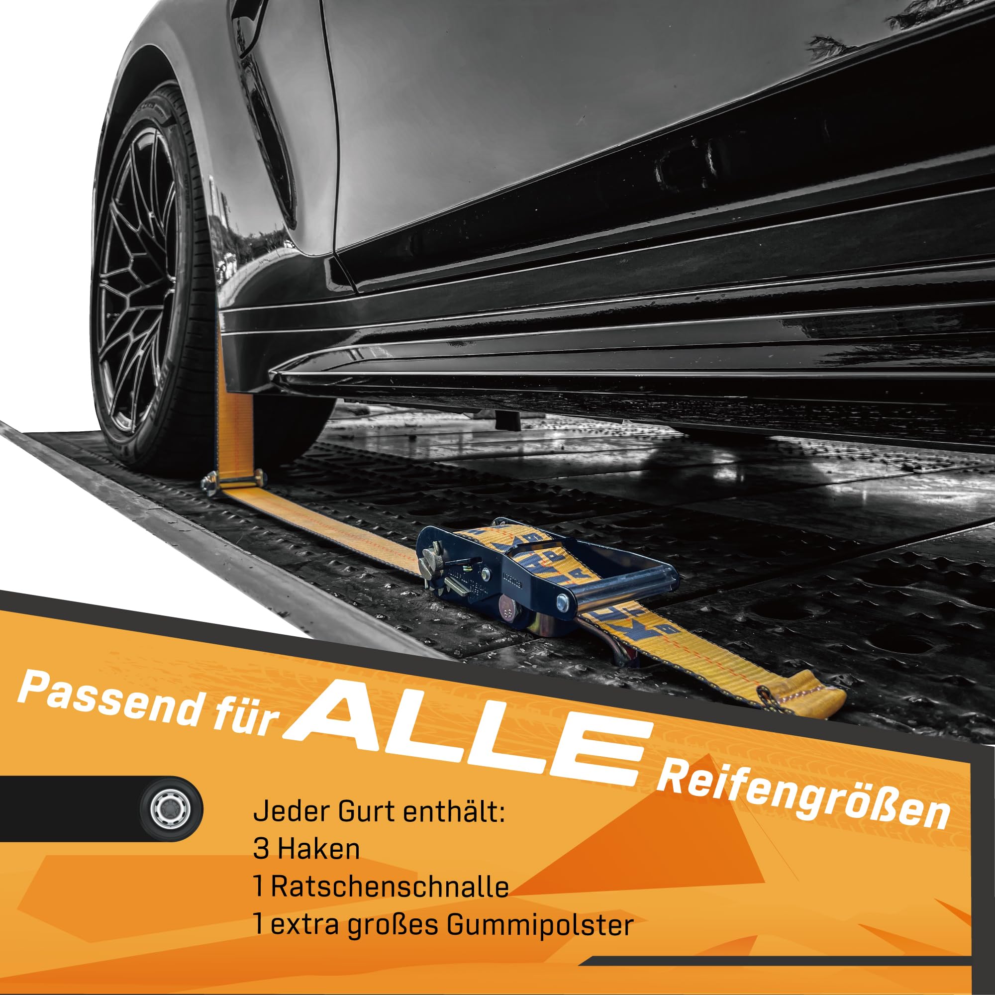 4 Stück 50mm Radspanngurte 2,5m | 5000kg Spanngurt für Autotransport | Mit Antirutschpads & 360° Wirbelhaken | Reifengurte für PKW Trailer KFZ | TÜV Geprüft nach DIN EN 12195-2