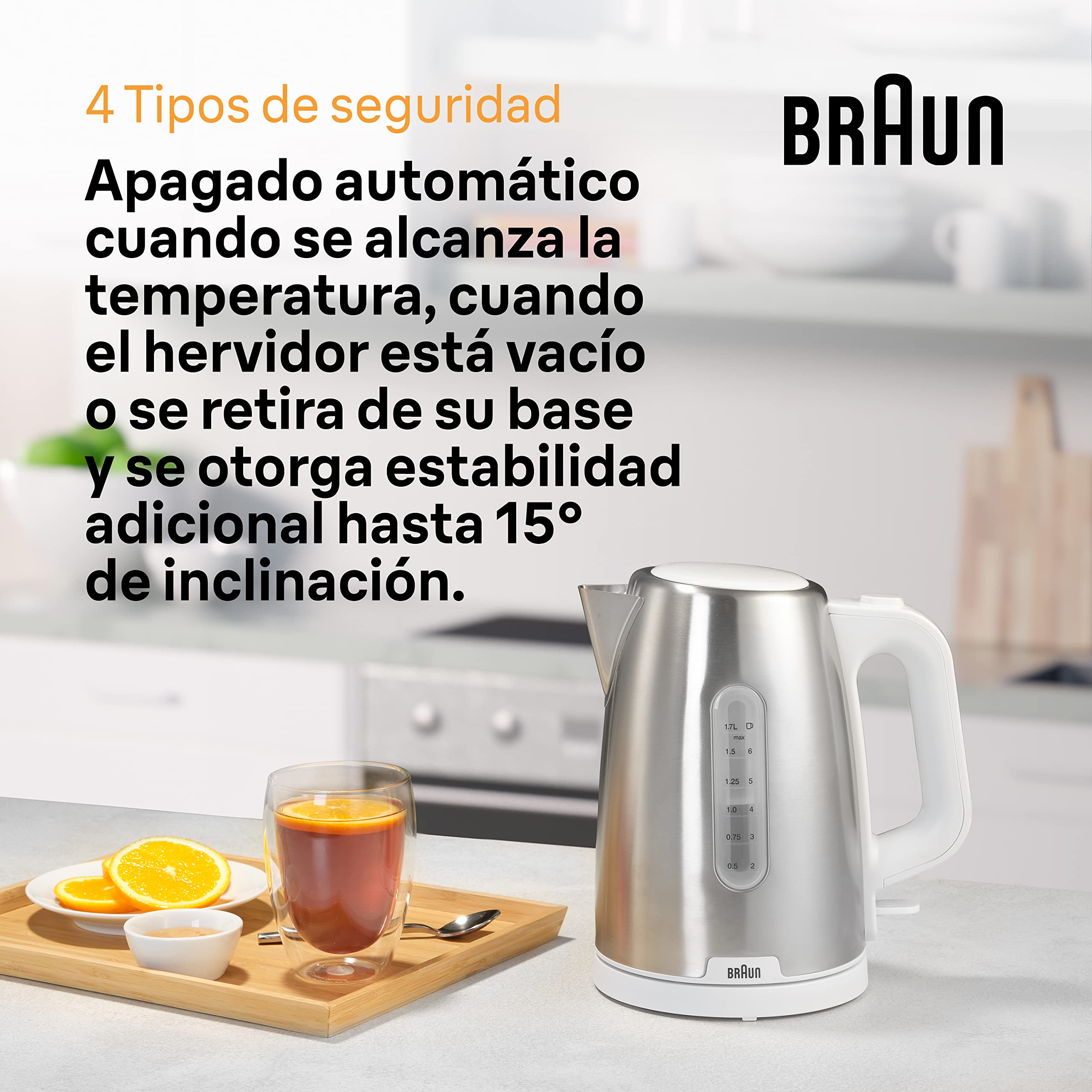 Braun PurShine Hervidor Eléctrico, Base Giratoria 360°, Indicador de Nivel de Agua, Almacenamiento para el Cable, Función de Apagado Automático, Capacidad de 1,7L, WK1500WH, 2200W, Blanco
