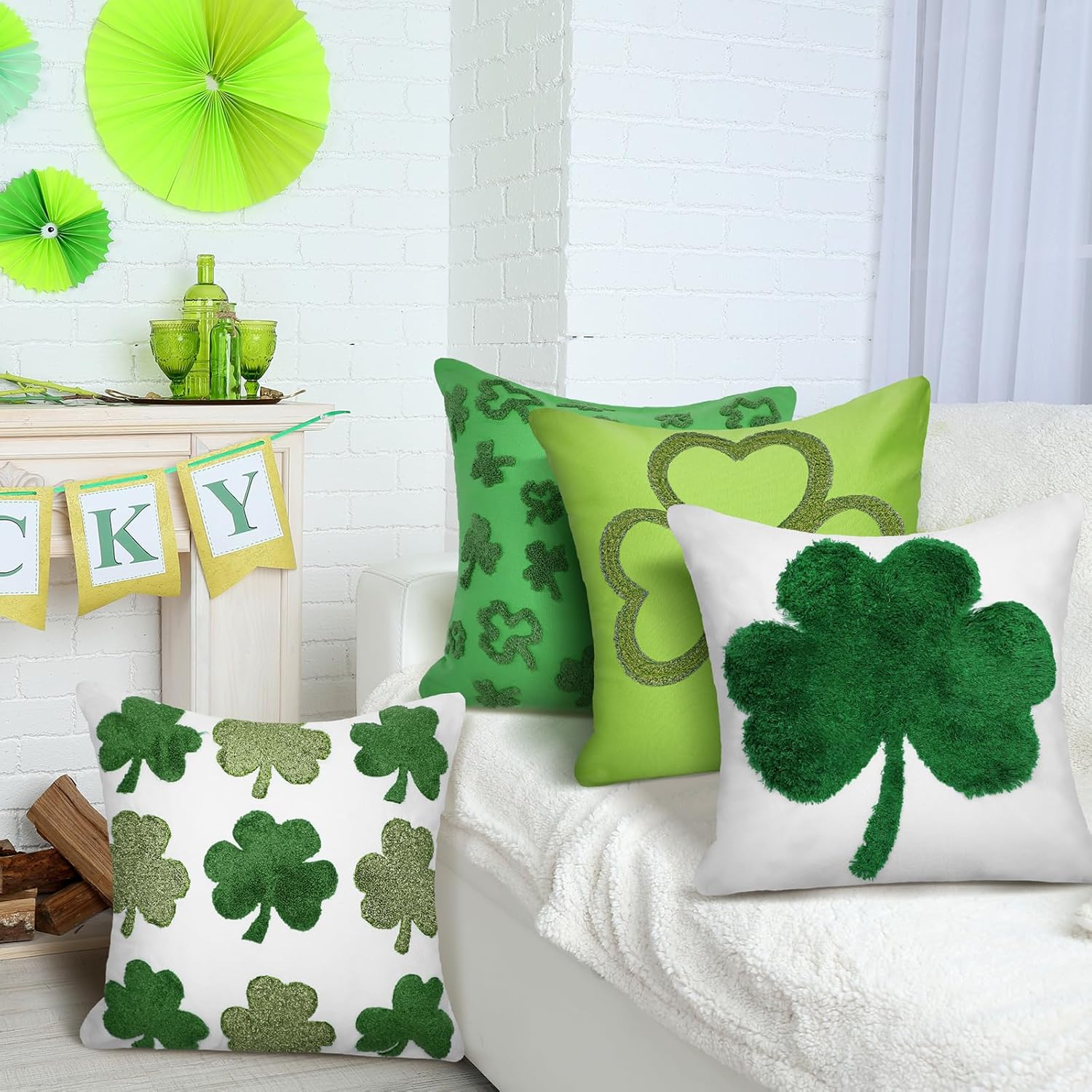 4 Pcs St Patrick's Day Pillow Covers 18x18 Inch St Patricks Day Shamrock Decorations Irish Shamrock Pillow Cases Green Soft Embroidery Cushion Covers for Irish Holiday Couch Sofa Bedroom Home Decor