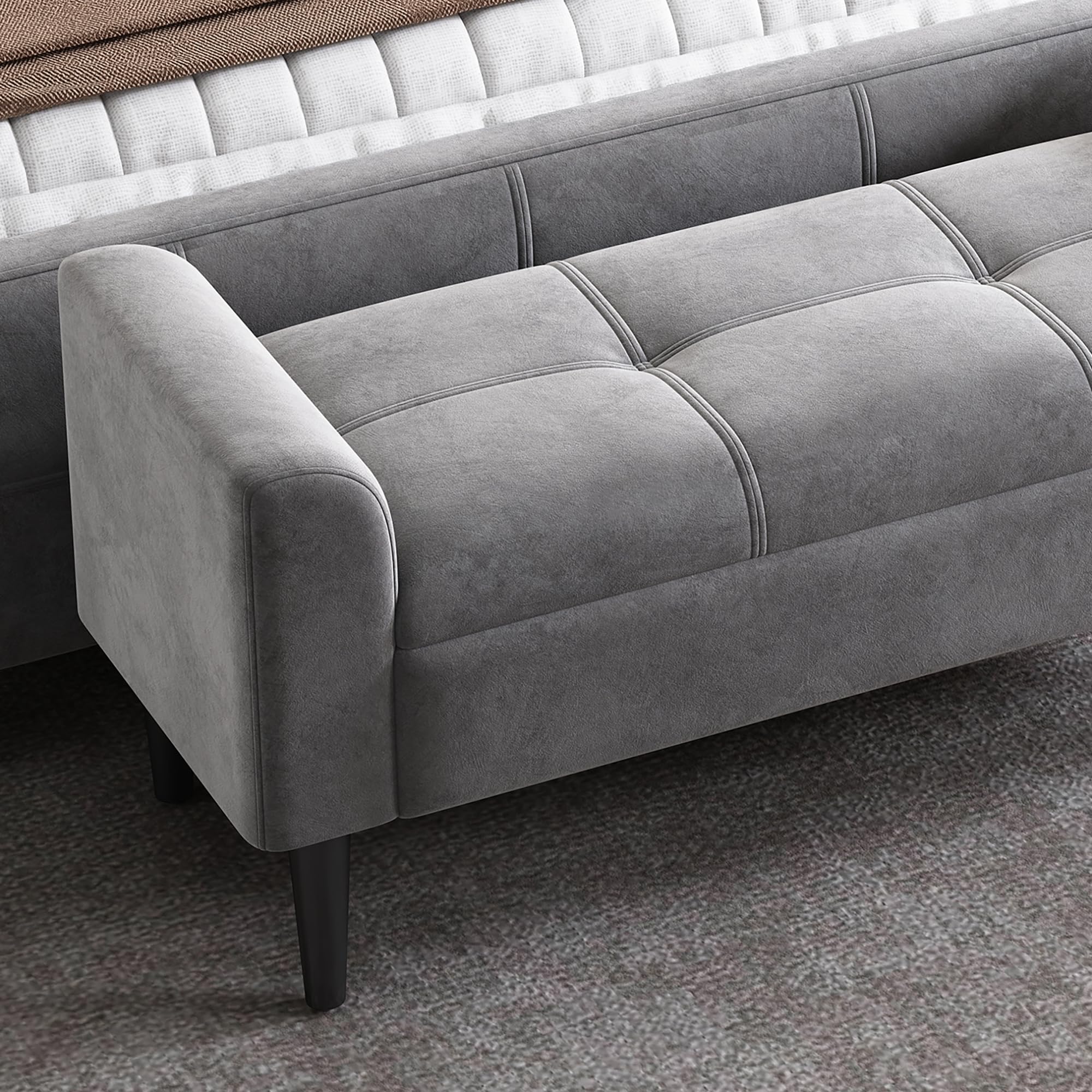 Panca Imbottita con Braccioli in Velluto, Bettbank con Steppmuster e Contenitore, MDF, Multiuso per Camera da Letto, Pianoforte ed Esszimmer, Grigio, 116 x 44 x 56 cm
