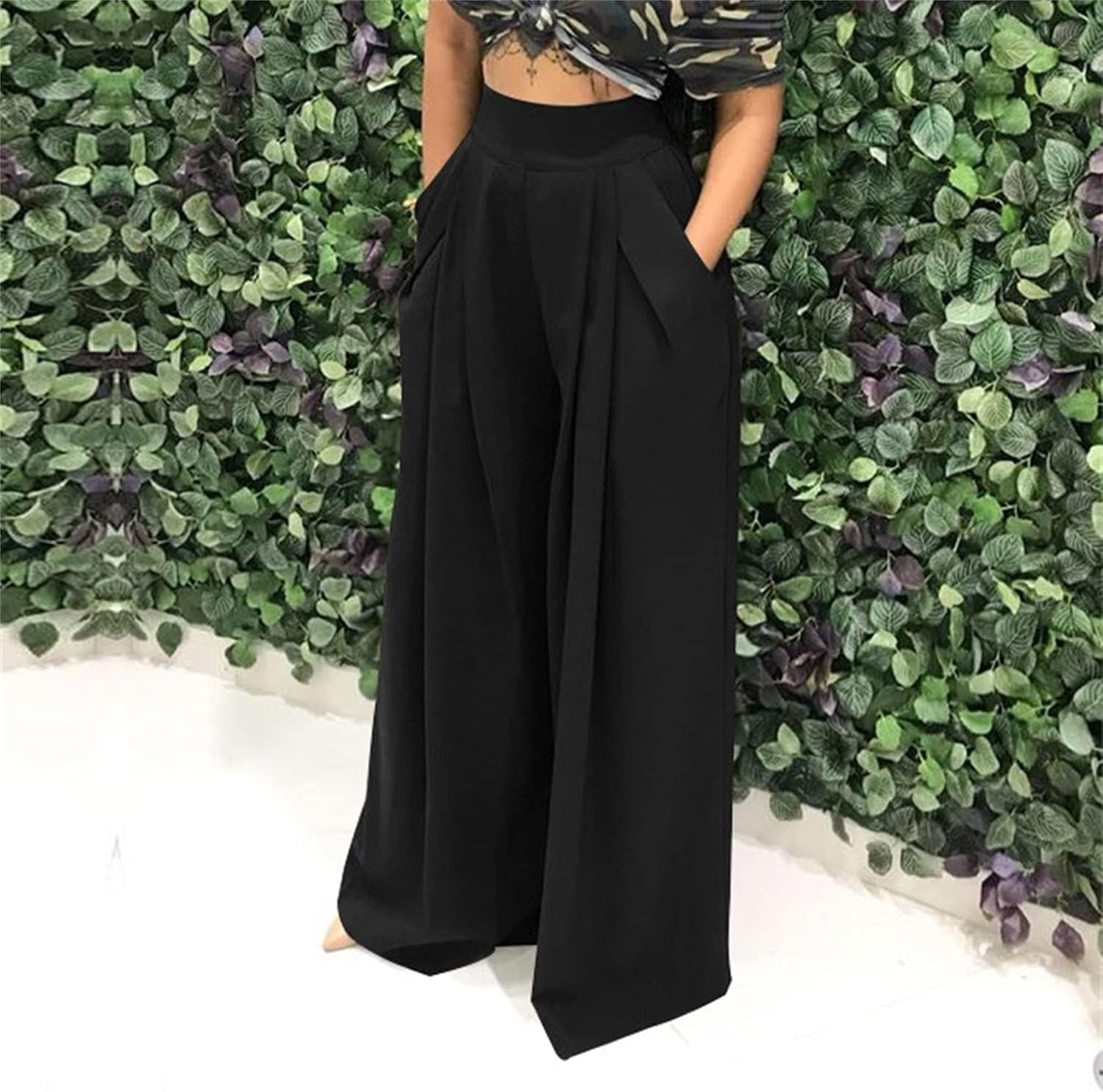 MESLIMA Palazzo Pants for Women High Waisted Wide Leg Stretchy Loose Fit Casual Trousers with Pocket - Image 2