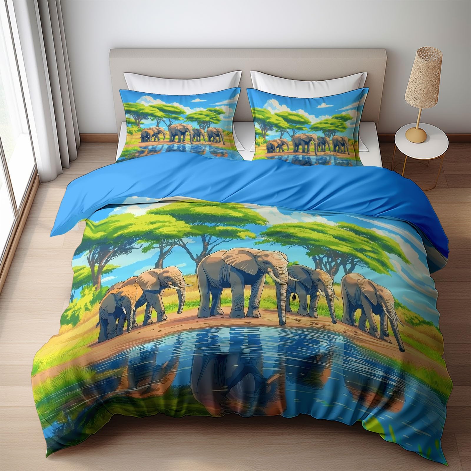 Juego de Funda Nórdica Cepillado Cama 105-200 x 200 cm Animal De Pradera Elefante, Ropa de Cama Reversible y Acogedora Azul Celeste, Fundas de Edredón Dormitorios de Niños