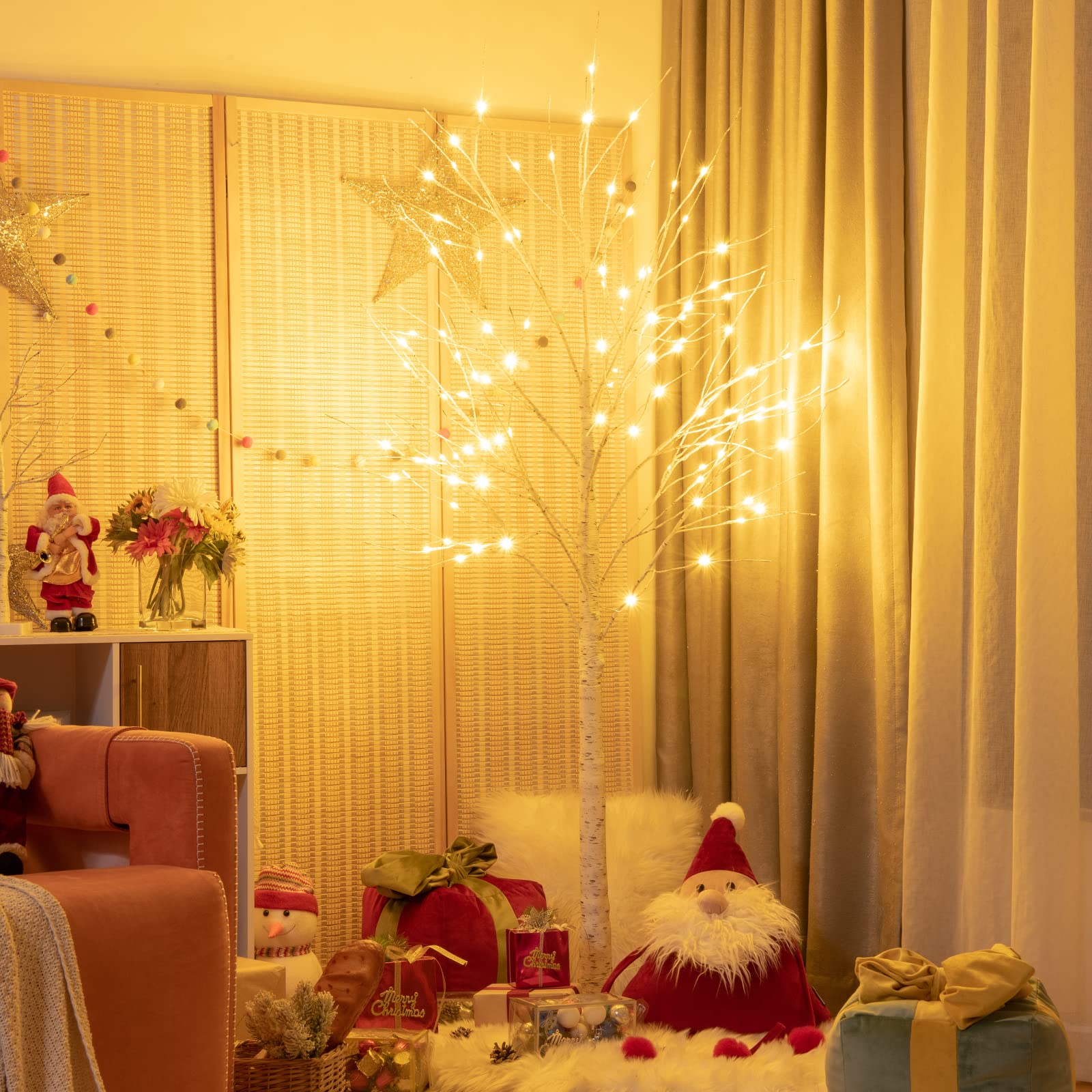COSTWAY Arbre Lumineux Noel, Arbre Bouleau Lumineux 180 cm, 96 LED Lumineux Blanc Chaud, Base Plastique, Décoration Intérieur pour Noël