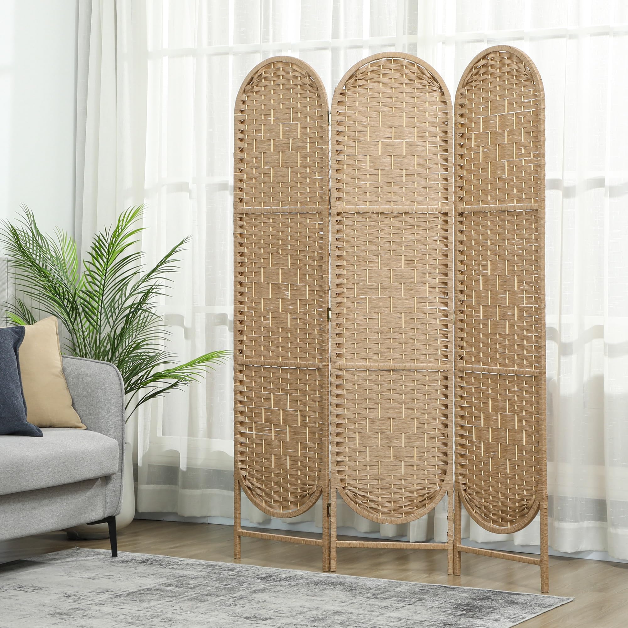 HOMCOM Biombo Separador de Ambientes de 3 Paneles, 120x170 cm, Pantalla de Privacidad Plegable Bohemio, con Parte Superior Arqueada, Tejido a Mano, Divisor Ligero para Oficina, Dormitorio, Natural