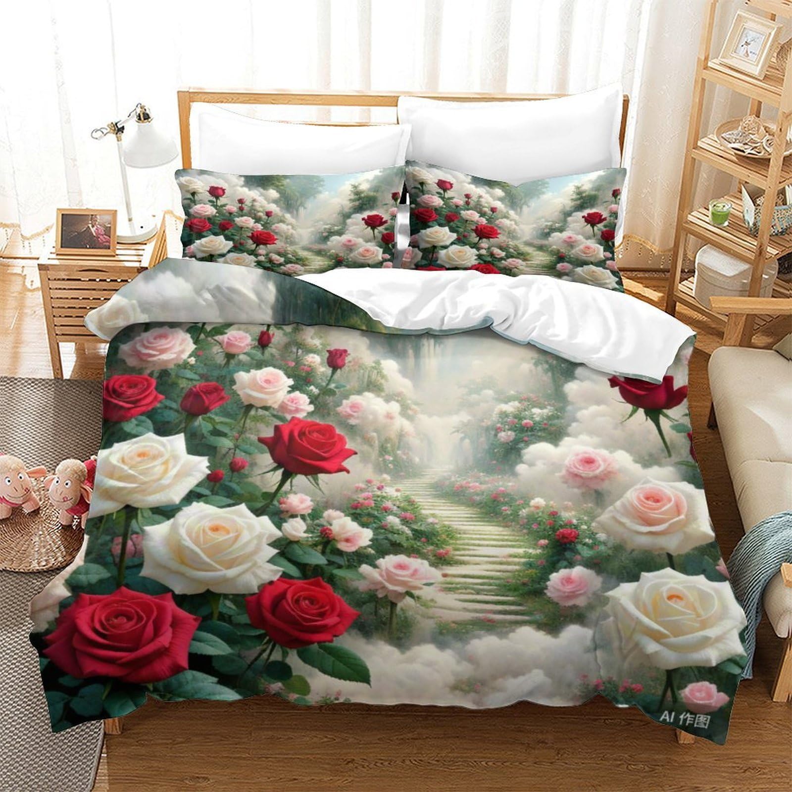 Parure de lit rose 3D en microfibre 260x220 cm avec housse de couette et taies d'oreiller