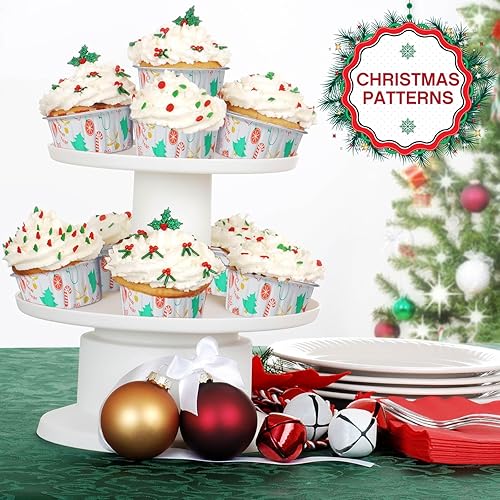 Miniatura 2 de 200 moldes de papel de aluminio de Navidad con tapas, tazas de hornear desechables de 4 onzas para hornear, postre, queso, crema Brulee, moldes para