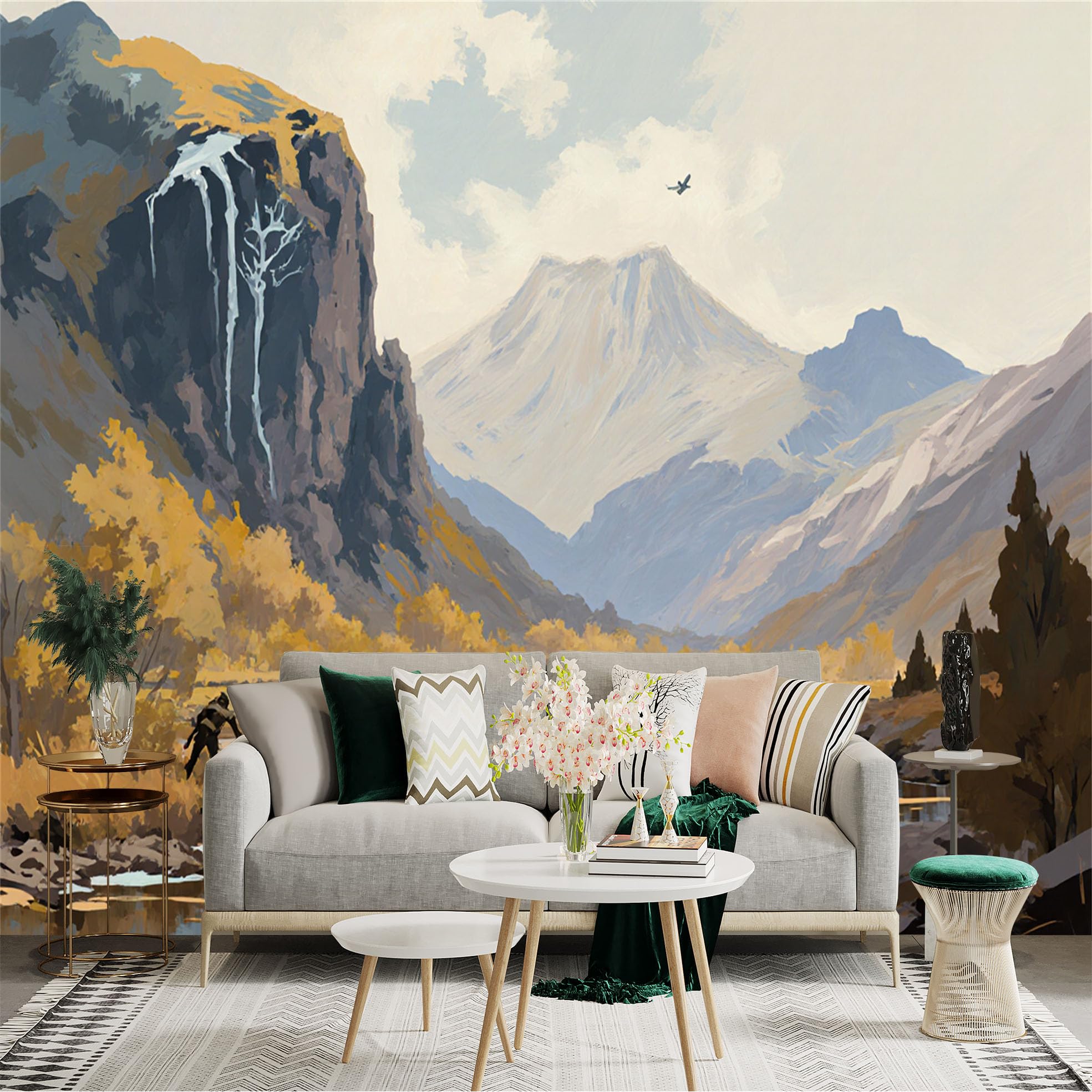 Custom Size Wall Sticker Mural， Autumn Mountain Valley with River， Waterfall and Flying Bird， for wall Decoration， peelandstick wall Decals.