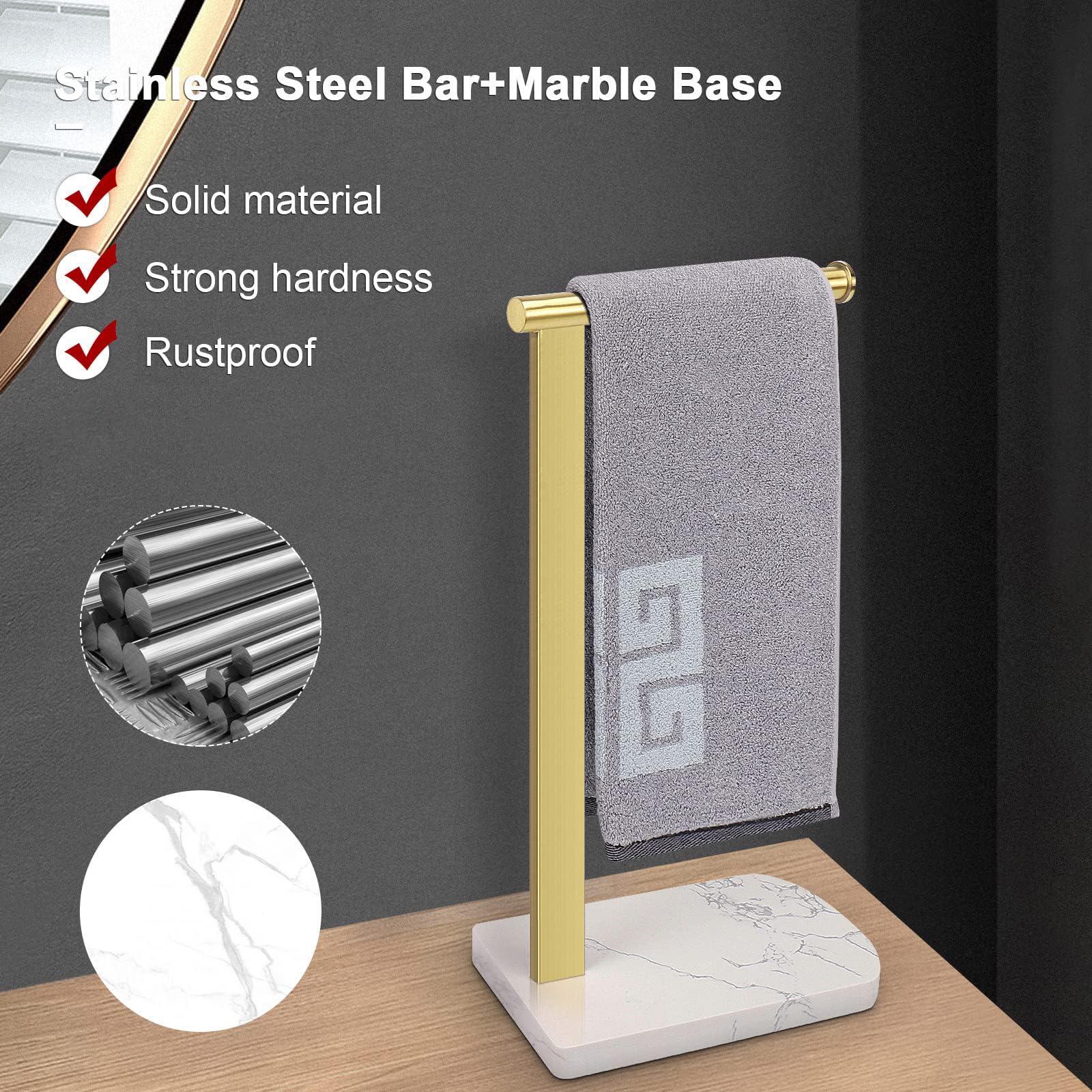 NearMoon Toallero de Mano con Base de mármol equilibrada, Soporte de Acero Inoxidable 304 en Forma de L, toallero de pie con aro para baño, Cocina o encimera (Barra Simple, Dorado Cepillado)