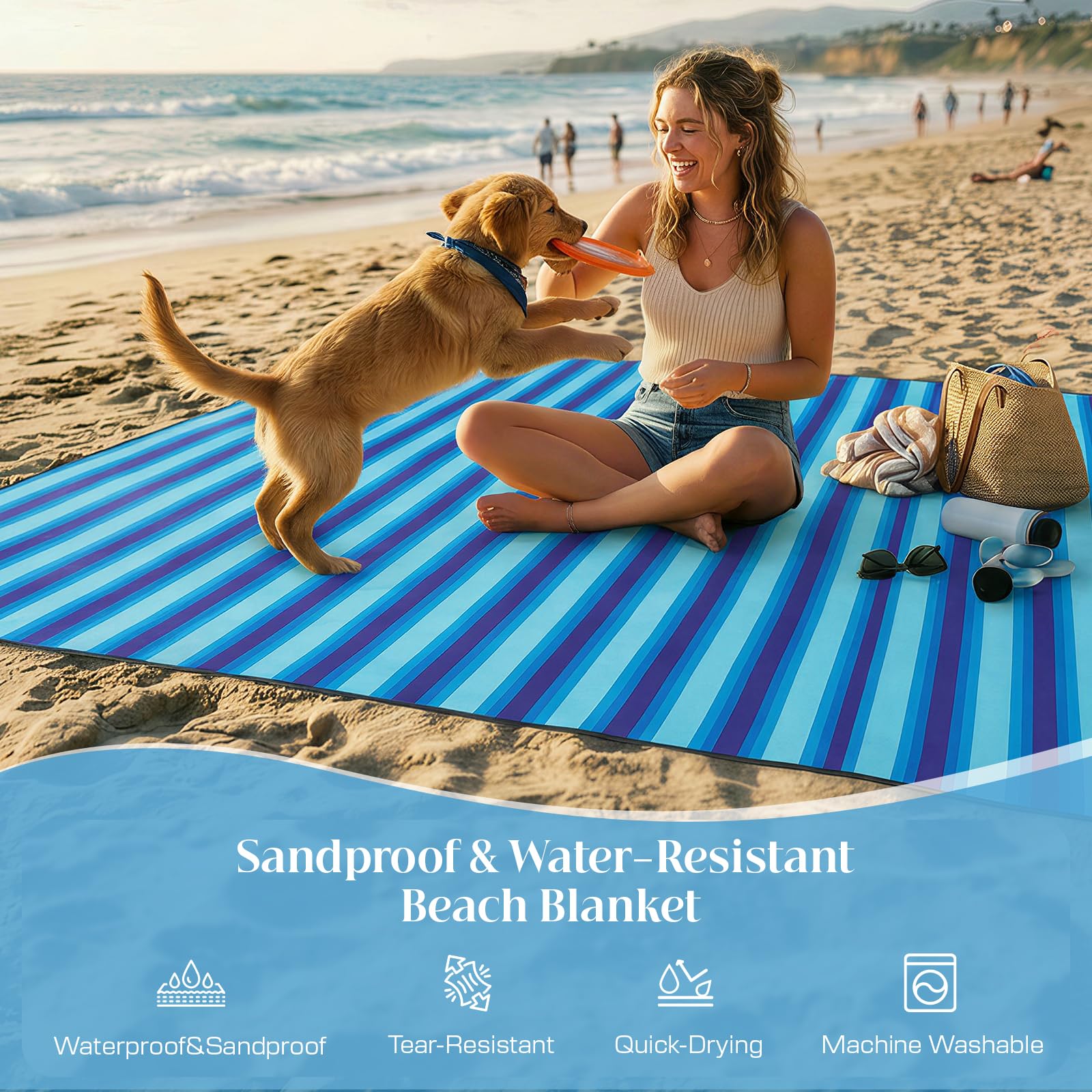 Manta de Picnic Impermeable 213 x 213 cm, Manta de Playa sin Arena, Manta Picnic con 4 piquetas y mosquetones, para Familia, jardín, Senderismo, Rayas Azules