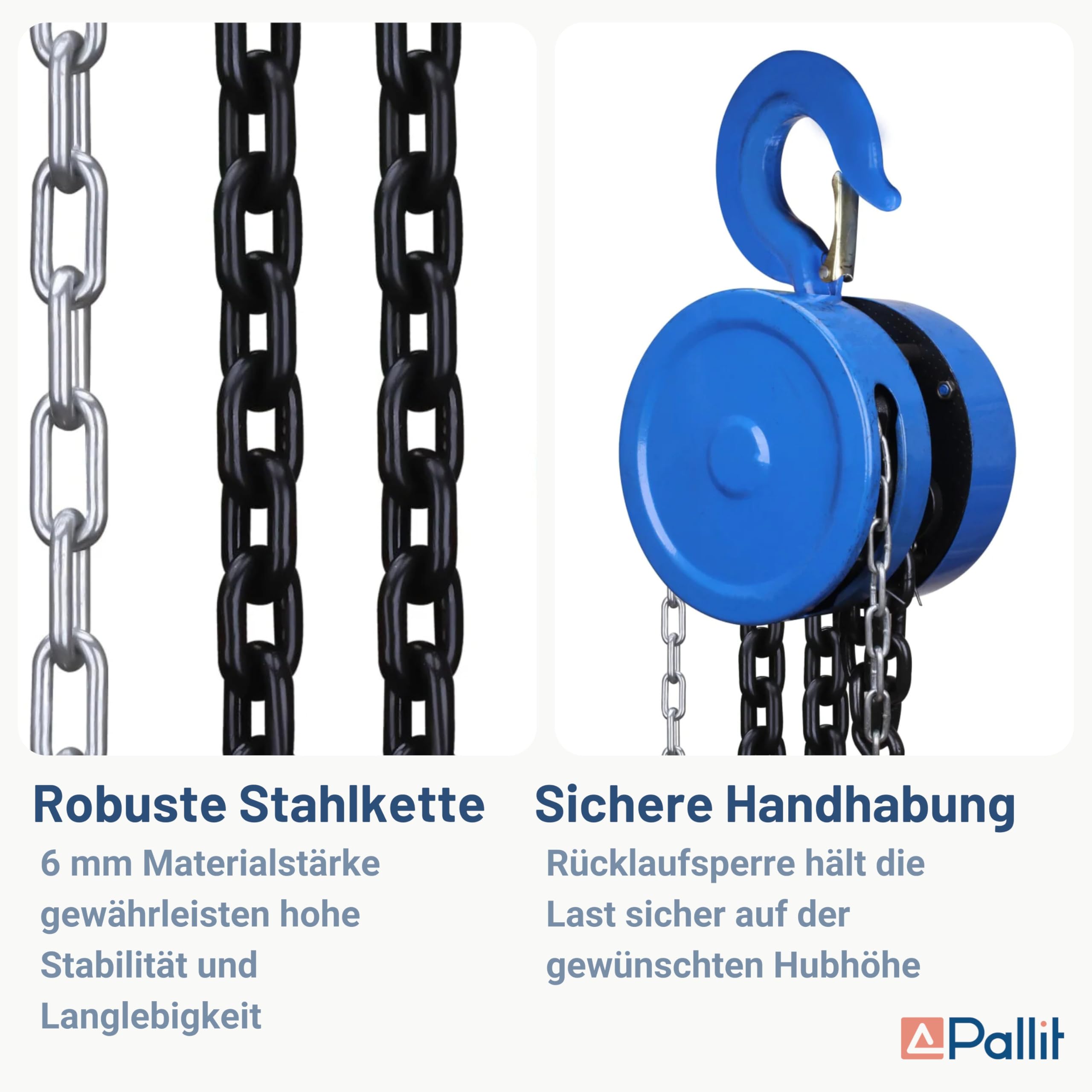 Pallit Kettenzug Flaschenzug 1000 kg Tragkraft mit 2,5 m langer Stahlkette Robuster Seilzug mit 360° drehbarer Haken, Mechanischer Lastbremse und Rücklaufsperre CHAIN-S