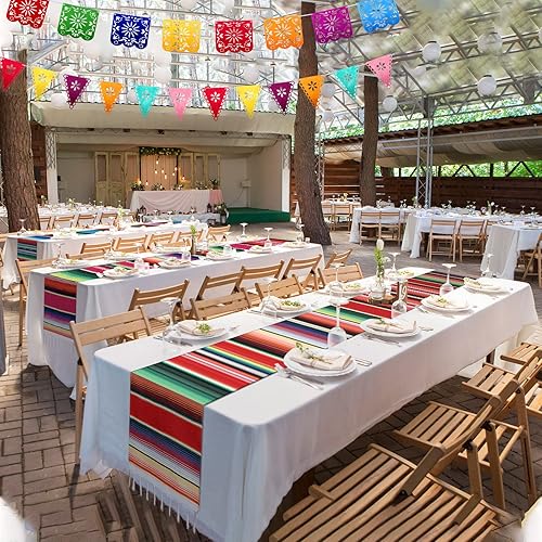 Miniatura 2 de Paquete de 10 caminos de mesa de serape mexicano de 14 x 84 pulgadas, 29 pancartas de papel picado, pancarta colgante de fiesta y banderines