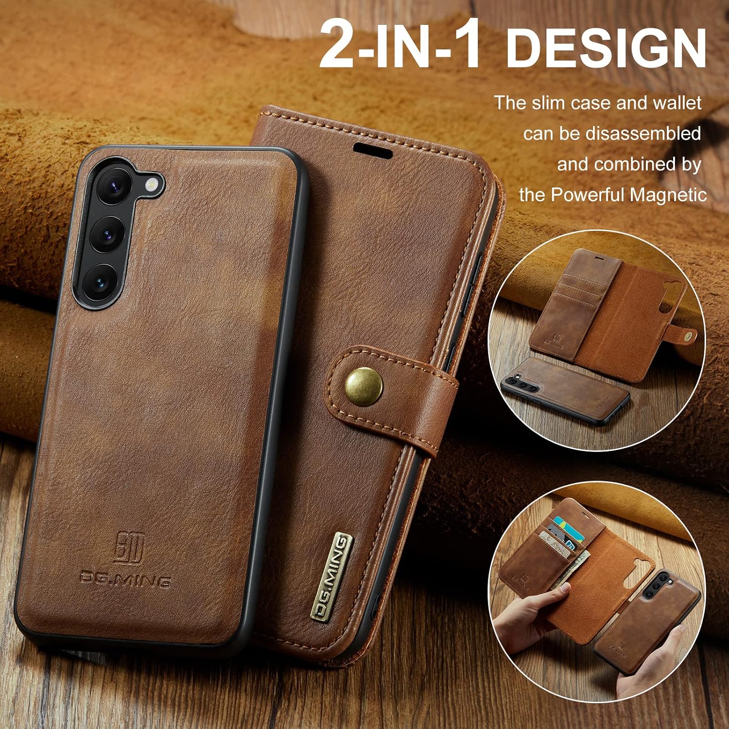 Detachable 2 in 1 Split Magnetic Flip Folio Wallet Case Compatible with Samsung Galaxy S23 Genuine Leather Phone Case with 3 Card Holder Slots Kickstand Shockproof Cover(Brown)