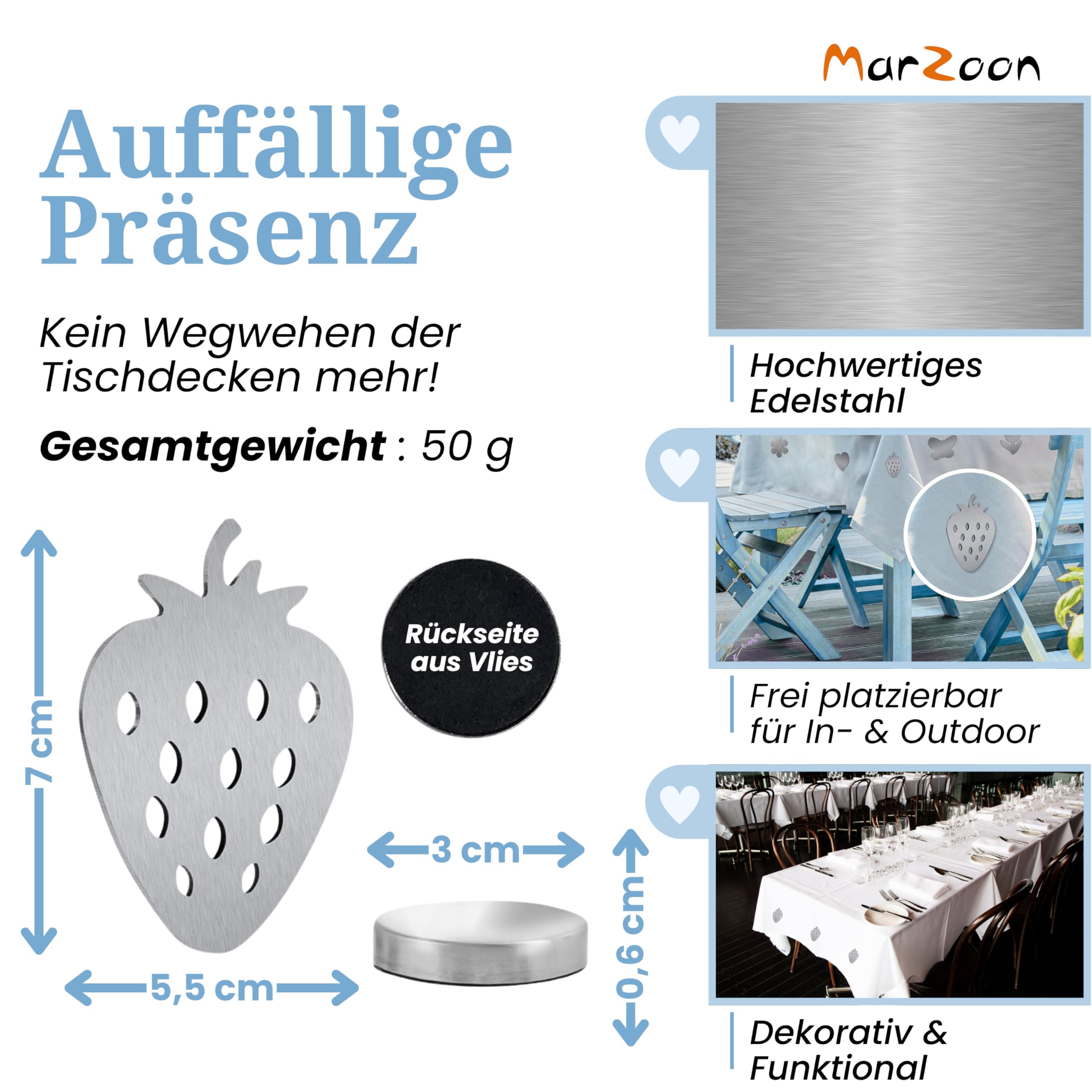 Kreaboo Tischdeckenbeschwerer Mit Magnet - 4x Edelstahl Halter In Herzform Für Garten & Terrasse
