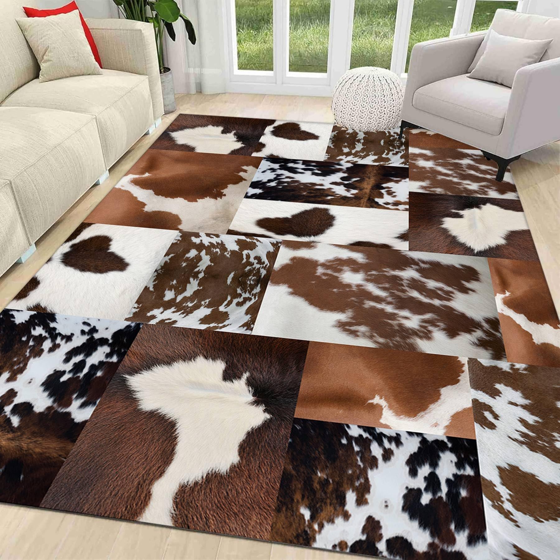 Faux Cowhide Rug 5x7ft Animal Cow Hide Carpet Non-Slip and Washable Western Decor Large Cow Hide Rugs for Living Room Bedroom Dining Room Home Office Brown Cow Floor Carpets