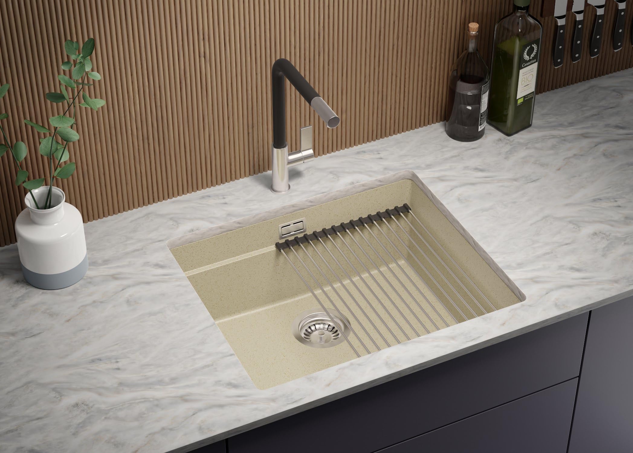 PRIMAGRAN Fregadero bajo Encimera al Mueble 60cm + Kit de desagüe, 56x47cm