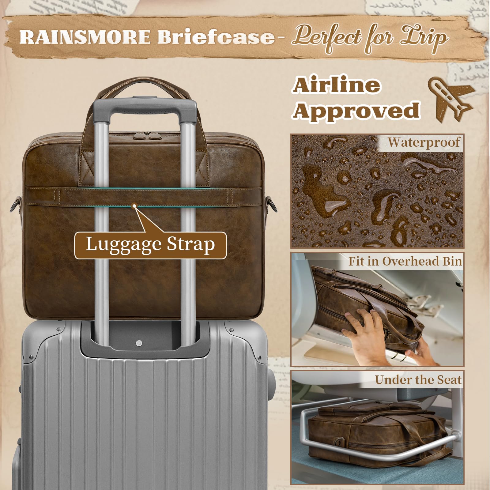 RAINSMORE Arbeitstasche Herren Vintage Aktentasche Laptoptasche 15.6 Zoll Wasserdicht Umhängetasche Ledertasche