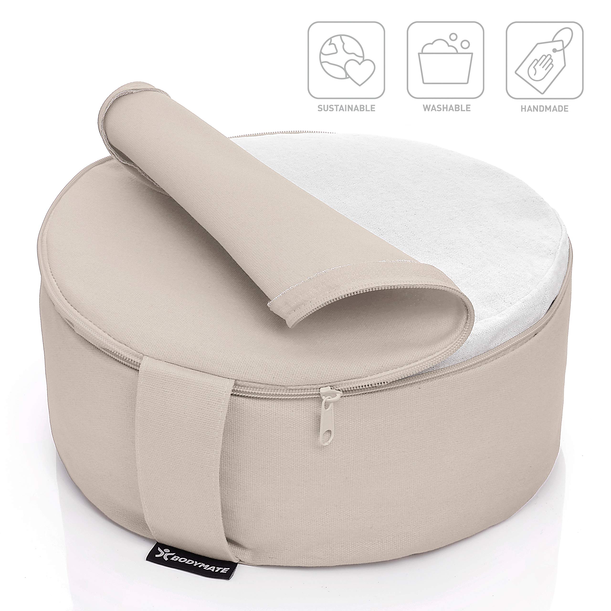 BODYMATE Coussin de Yoga Rond 31 cm de diamètre 13 cm de Haut avec Rembourrage en Fourrure de Sarrasin – Housse Lavable en Machine en 100% Coton Extra épais – Coussin de méditation – Coussin d'assise