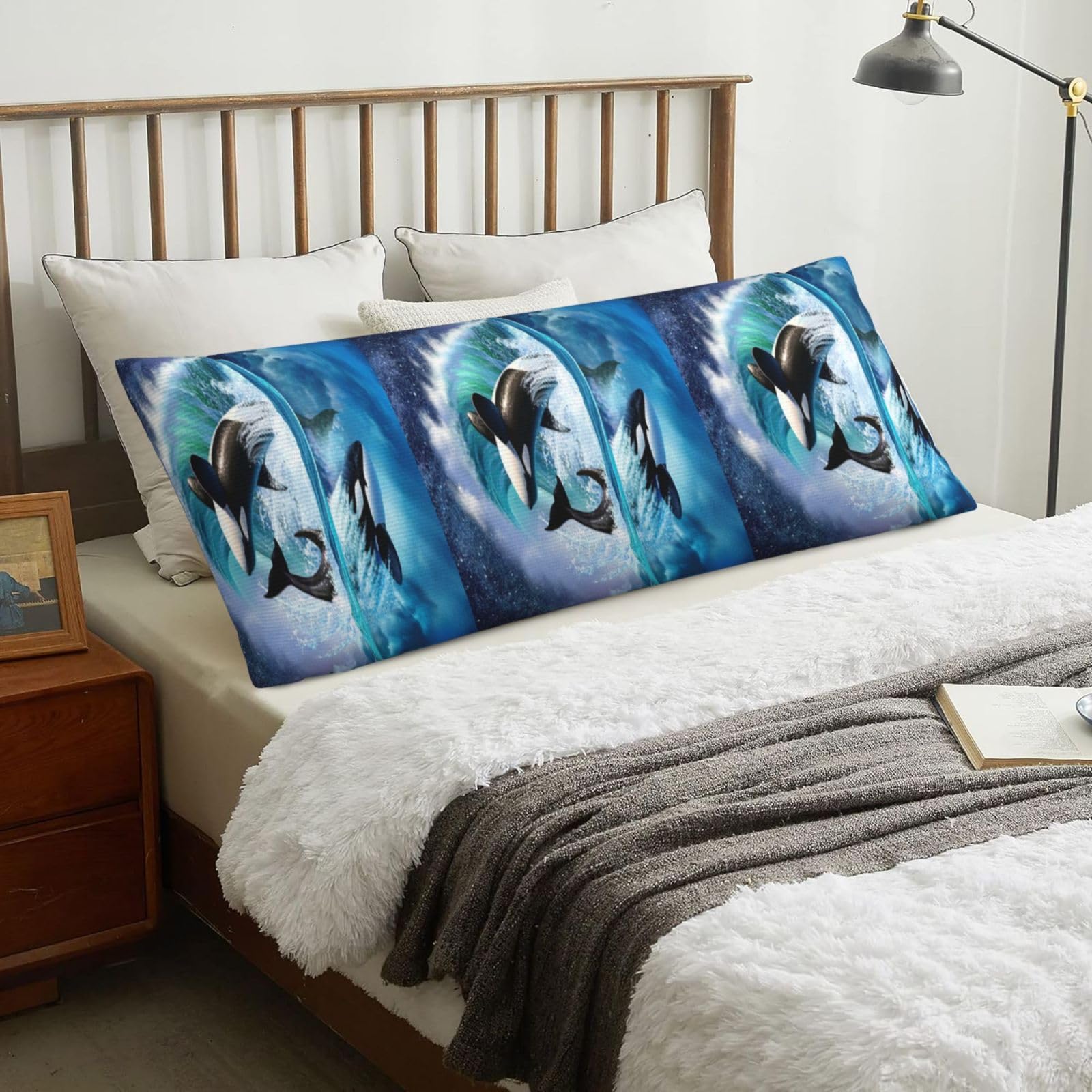 Orca Killer Whales Wave, Body Pillow Cover with Zipper,Long Body Pillowcase 20 x 60 in