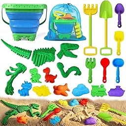 Beach Toys, Sandbox Toys 22Pcs Kids Sand Play Set, Dinosaur Molds with Shovels, Rakes & Collapsible Buckets, Soft Plastic Summer Outdoor Travel Toys for Toddlers Boys & Girls, Ideal