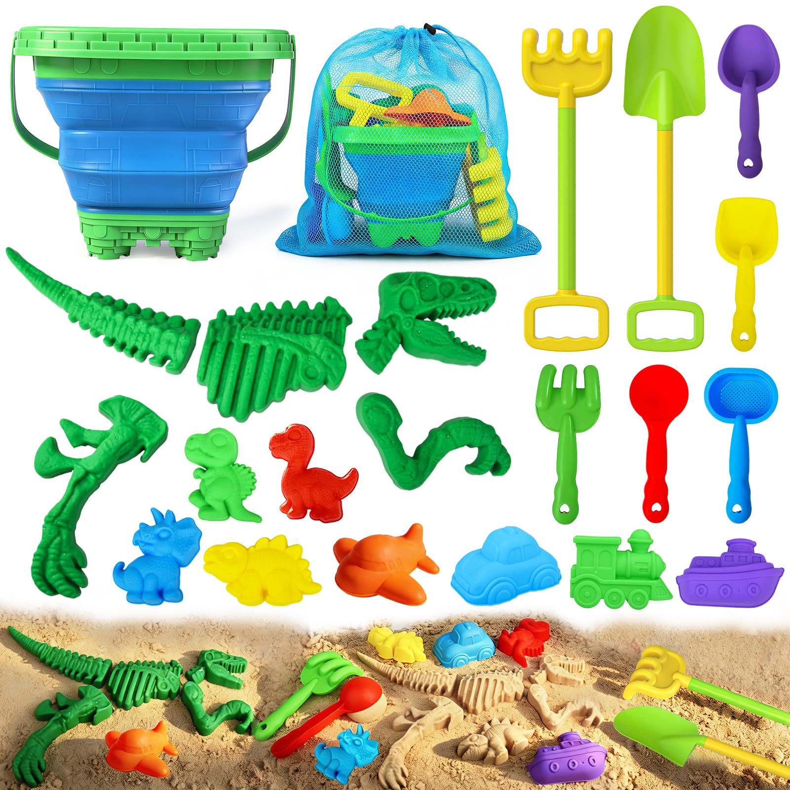 Beach Toys, Sandbox Toys 22Pcs Kids Sand Play Set, Dinosaur Molds with Shovels, Rakes & Collapsible Buckets, Soft Plastic Summer Outdoor Travel Toys for Toddlers Boys & Girls, Ideal - 1