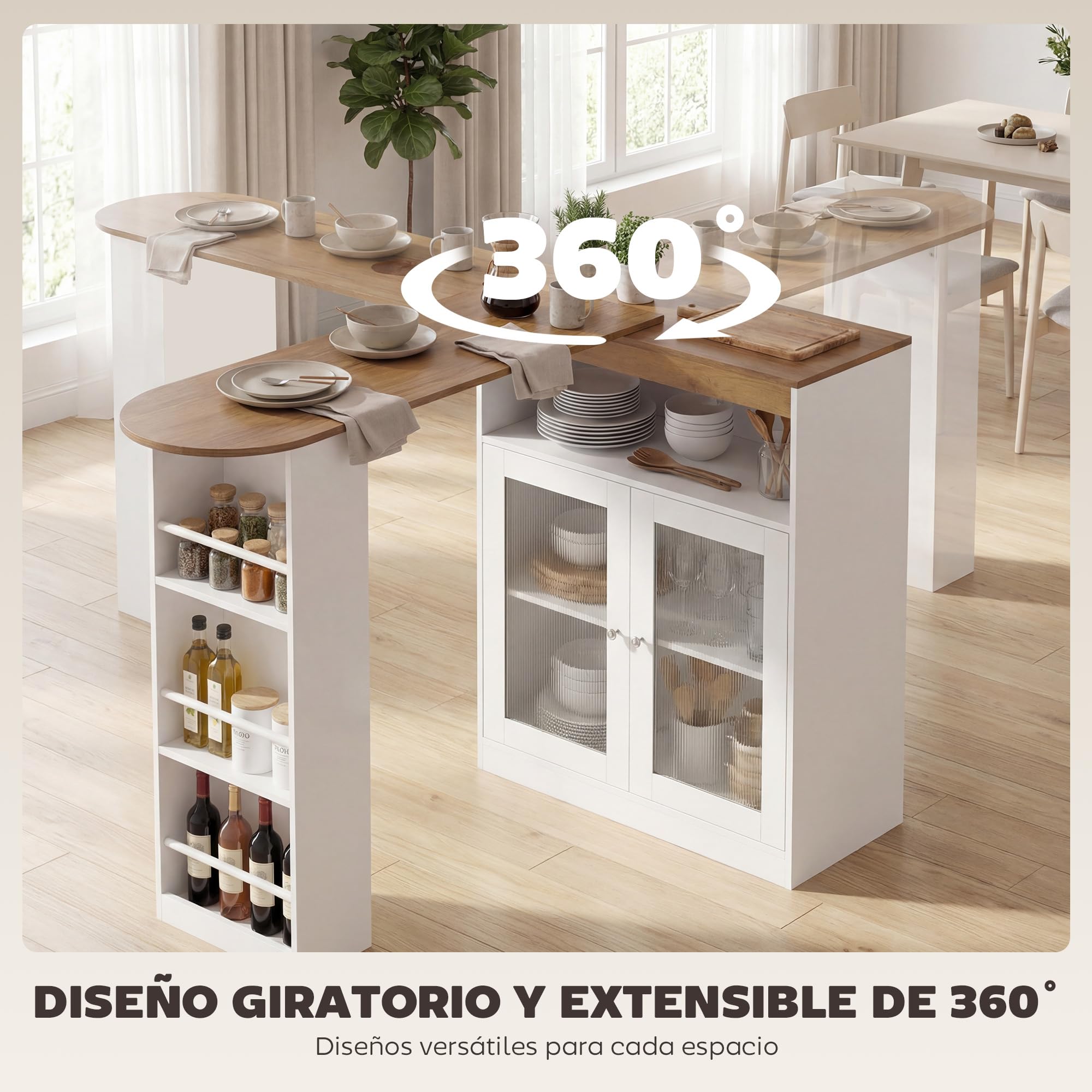 HOMCOM Mesa de Bar Extensible y Giratoria 90°, Mesa Alta Cocina con Estantes Abiertos y 2 Puertas de Vidrio para Comedor, 150x80x105,5 cm, Blanco y Natural