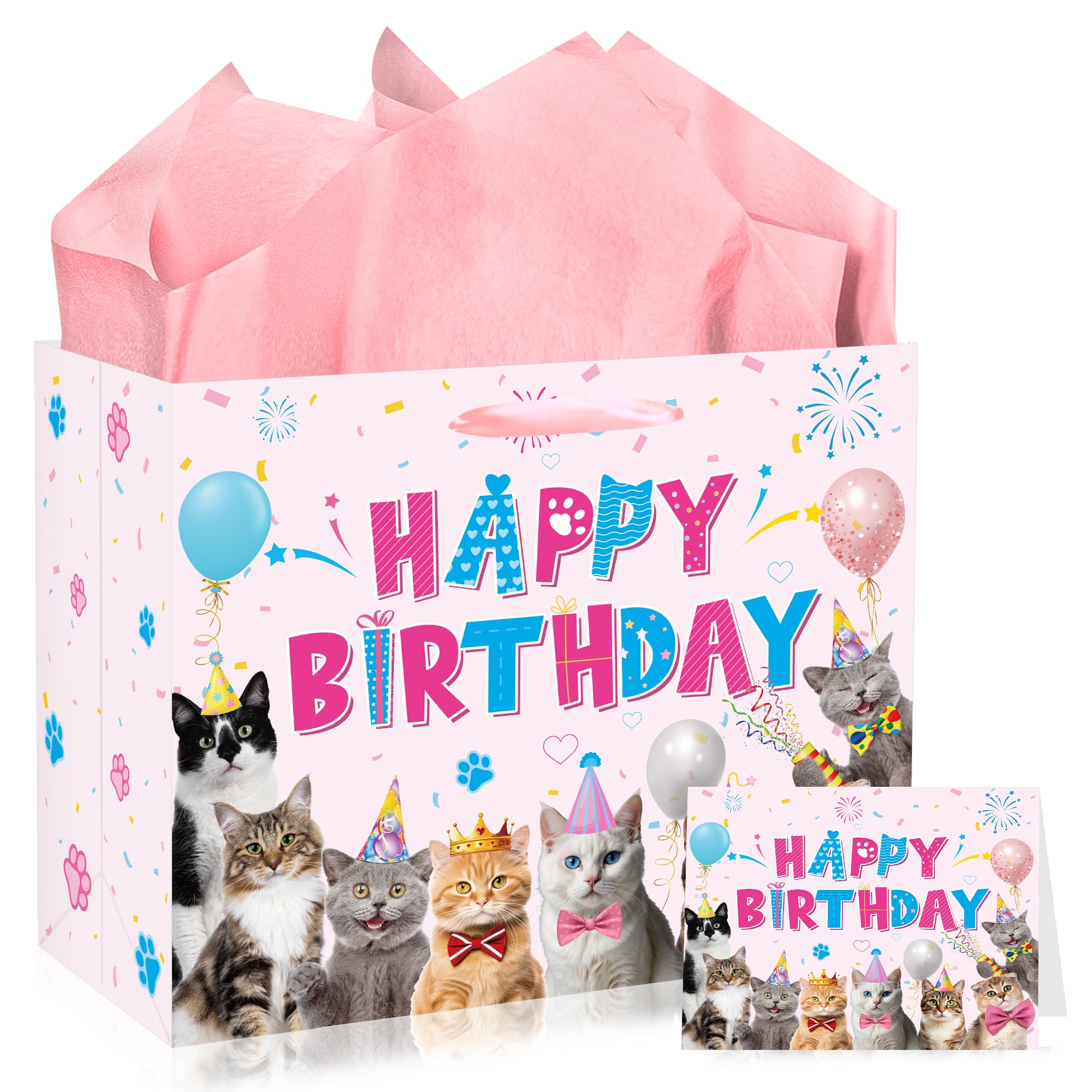 Cat Birthday Gift Bag with Card, Pink Kitty Party Gift Wrap Kit for Girls