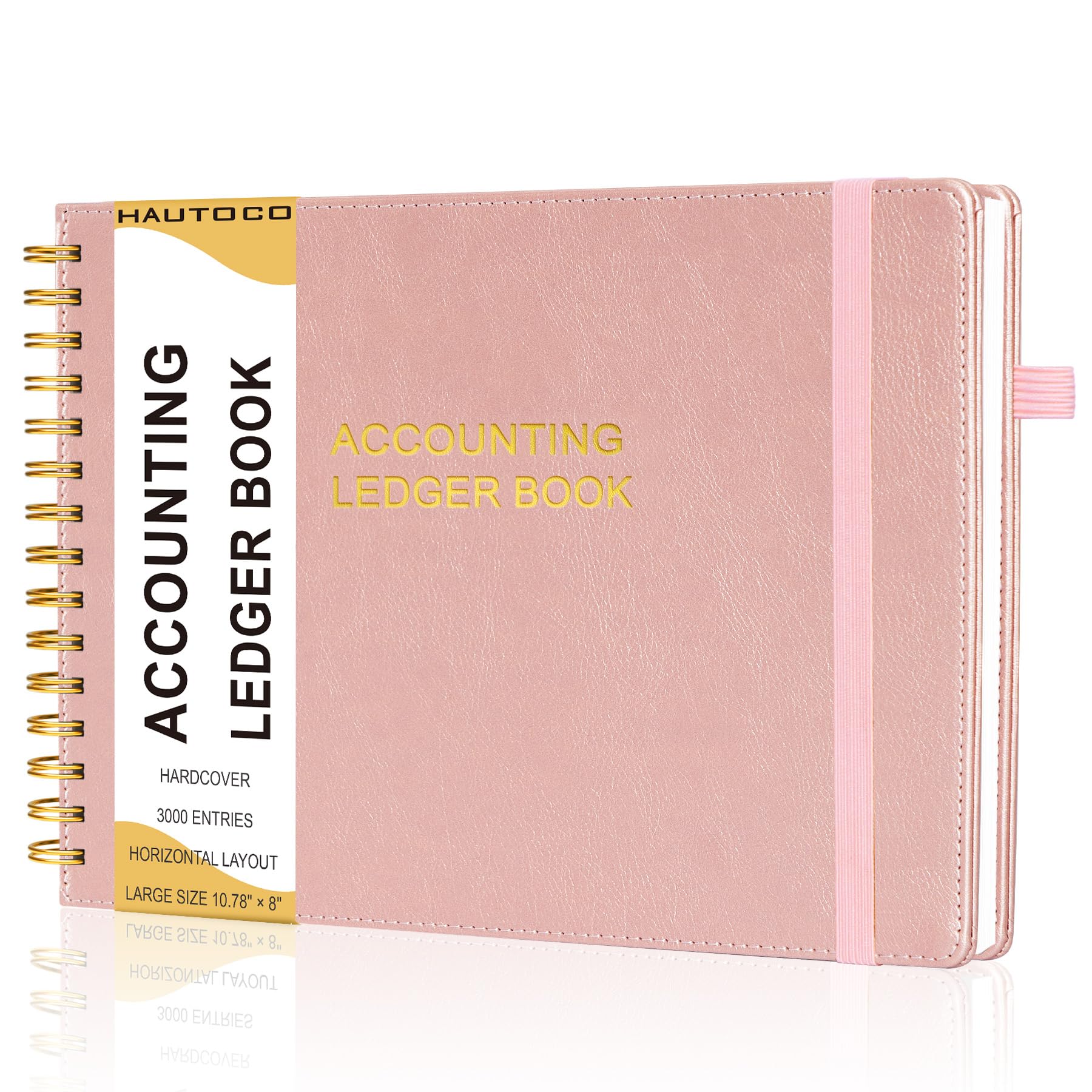 HAUTOCO Hardcover Accounting Ledger Book for Small Business Bookkeeping Horizontal Money Expense Tracker Notebook with 2 Storage Pouch, Personal Columnar Log Journal 10.78 x 8'', Rose Gold