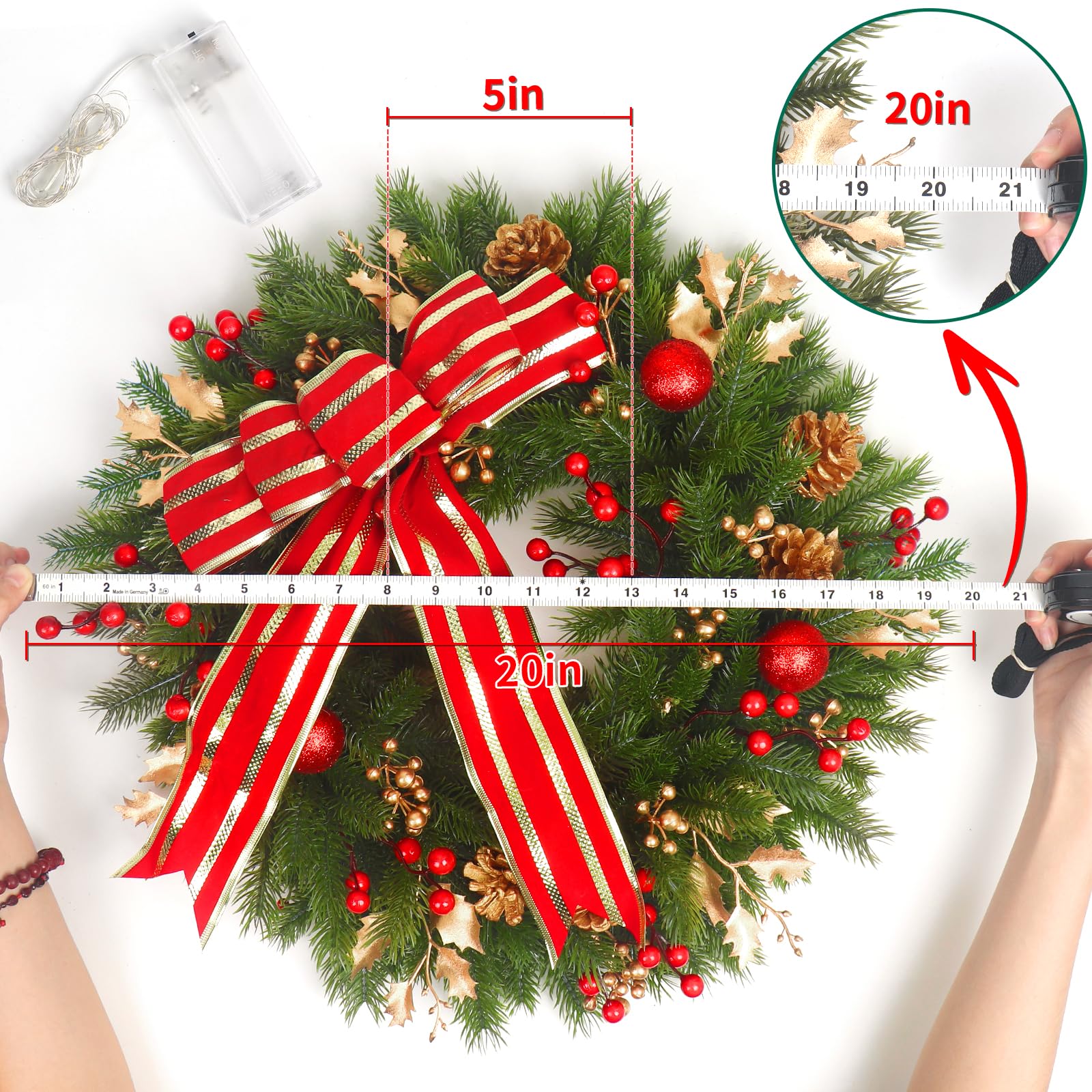 Couronne de Noël de 50,8 cm avec nœud pour porte d'entrée, couronne de Noël avec lumières et boules brillantes pour Noël, Nouvel An, décoration d'intérieur