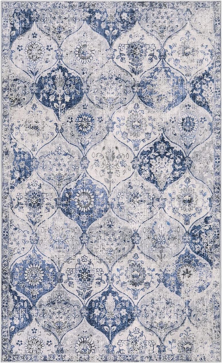 Lahome Moroccan Trellis Washable Small Area Rug, 3x5 Area Rug for Bedroom Living Room, Non-Slip Oriental Accent Throw Carpet for Kitchen Office Entryway Bathroom Office, White/Royal Blue Whi