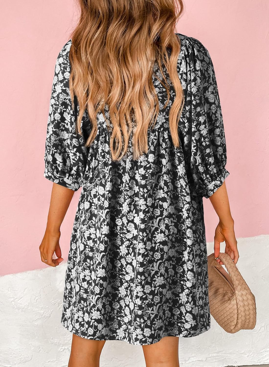 Dokotoo Womens Summer Dresses 2025 Boho Floral Drawstring V Neck Chiffon Lantern Sleeve Beach Vacation Mini Dress Sundress - Image 2