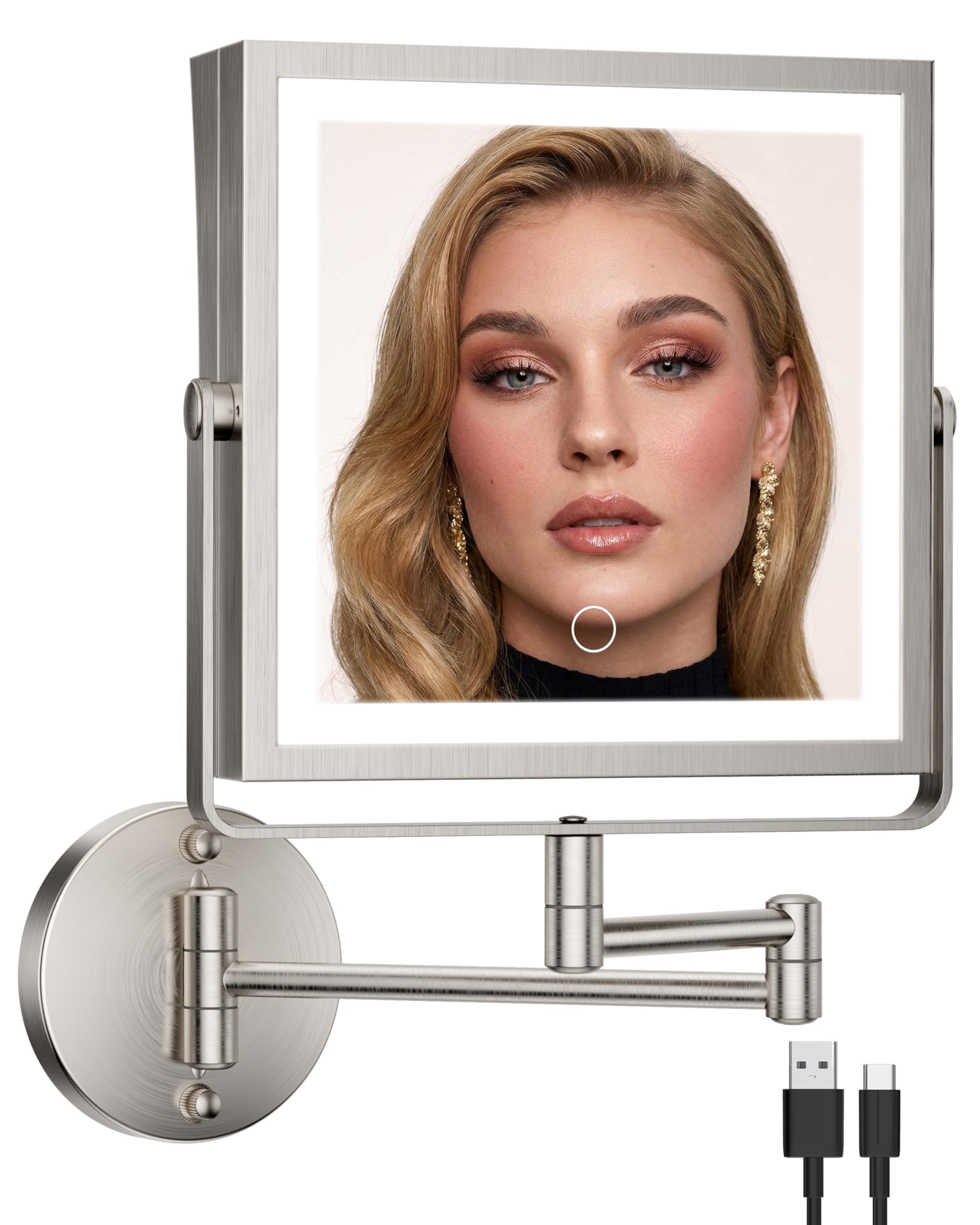 Espejo de maquillaje recargable montado en la pared con luces, 4000 mAh, doble cara, 1X/10X, espejo de tocador con 3 luces de color, regulable al tacto, brazo plegable de extensión de 360°