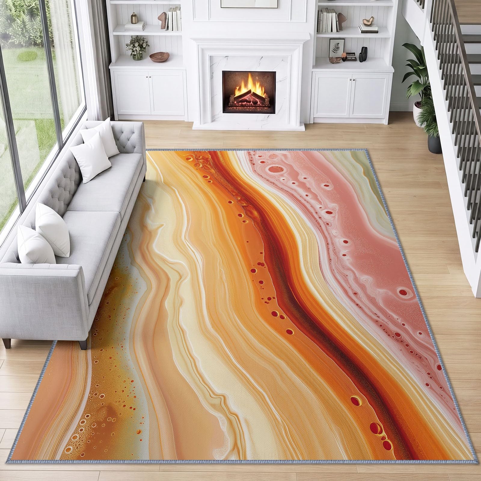 Tappeto marmo arancione per soggiorno, camera da letto, corridoi, salotto, arte fluida, moderno, antiscivolo, a pelo basso, non sbiadisce, morbido sotto i piedi, 200 x 300 cm