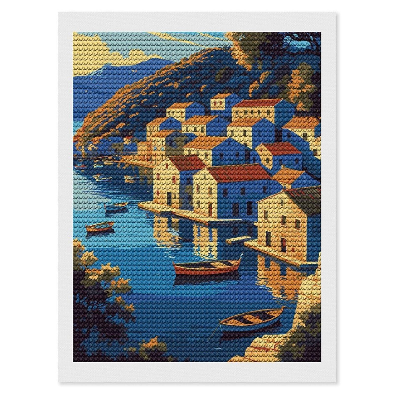 Junmoney Coastal Village with Boats and Reflections Full Drill Diamond Painting Kit 12"x16", for Teens, Adhesive Canvas, Bedroom Decor, Holiday Gift Idea