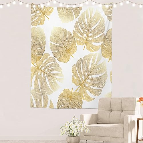Batmerry Tapiz dorado de hoja de palmera tropical, arte de pared natural, decoración colgante de fibra de poliéster con volantes blancos para