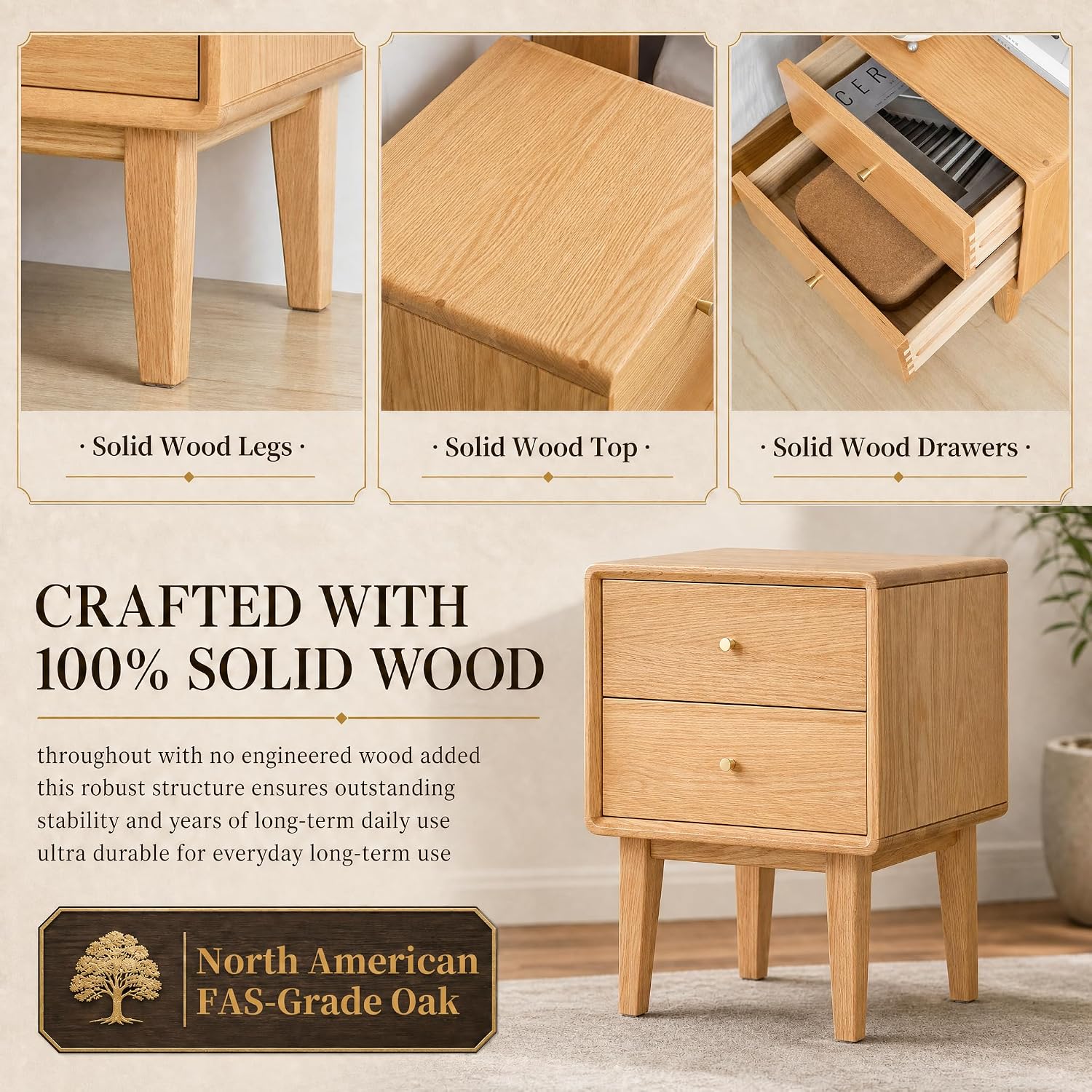 100% Solid Wood Nightstand with 2 Drawers, No-Assembly Mid-Century Modern Oak End Tbale for Living Room, Small Bedside Table for Low Bed