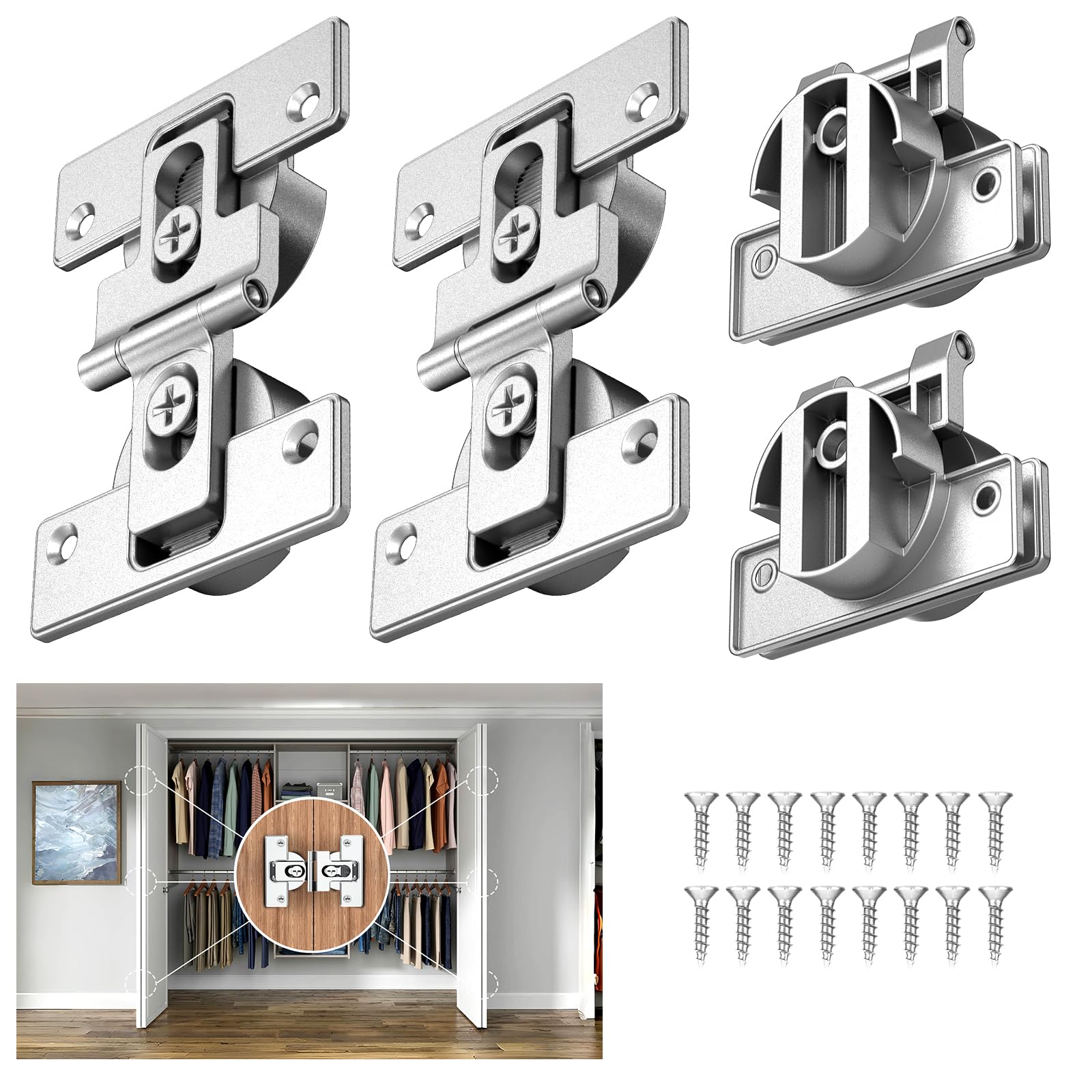 Mdkave 180-Degree Foldable Door Hinges,Bifold Door Hinges,Double Cup Concealed Hinge for Cabinets,Closet and Furniture (4, Silver) (4, Silver)