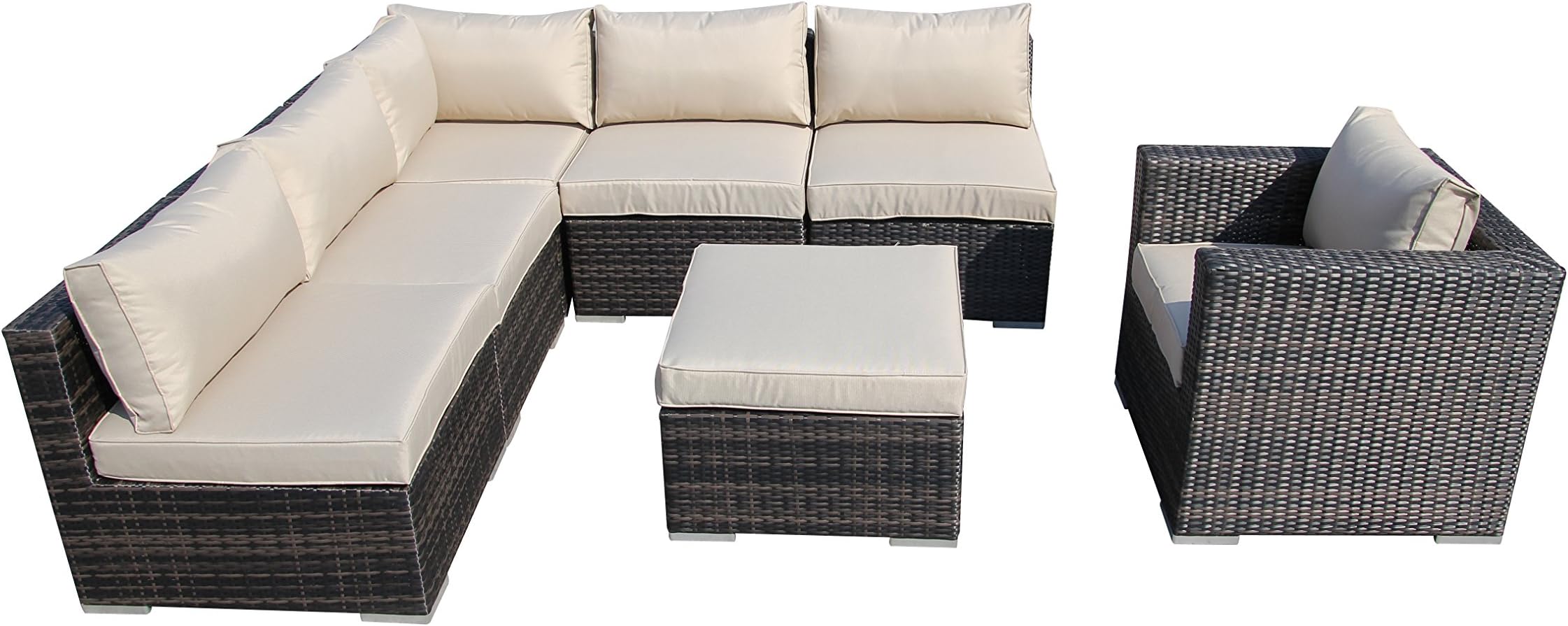 7 Pieces Outdoor Furniture Complete Patio Cushion Wicker Rattan Garden Corner Sofa Couch Set, Brown