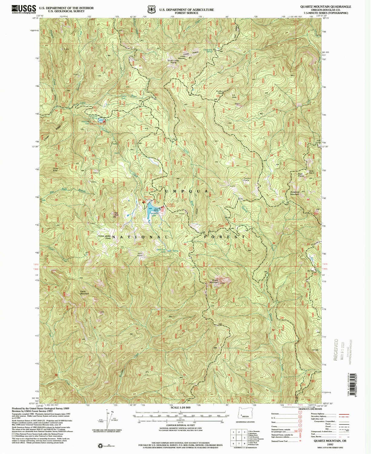 YellowMaps Quartz Mountain OR topo map, 1:24000 Scale, 7.5 X 7.5 Minute, Historical, 1997, Updated 2000, 26.8 x 21.9 in - Paper