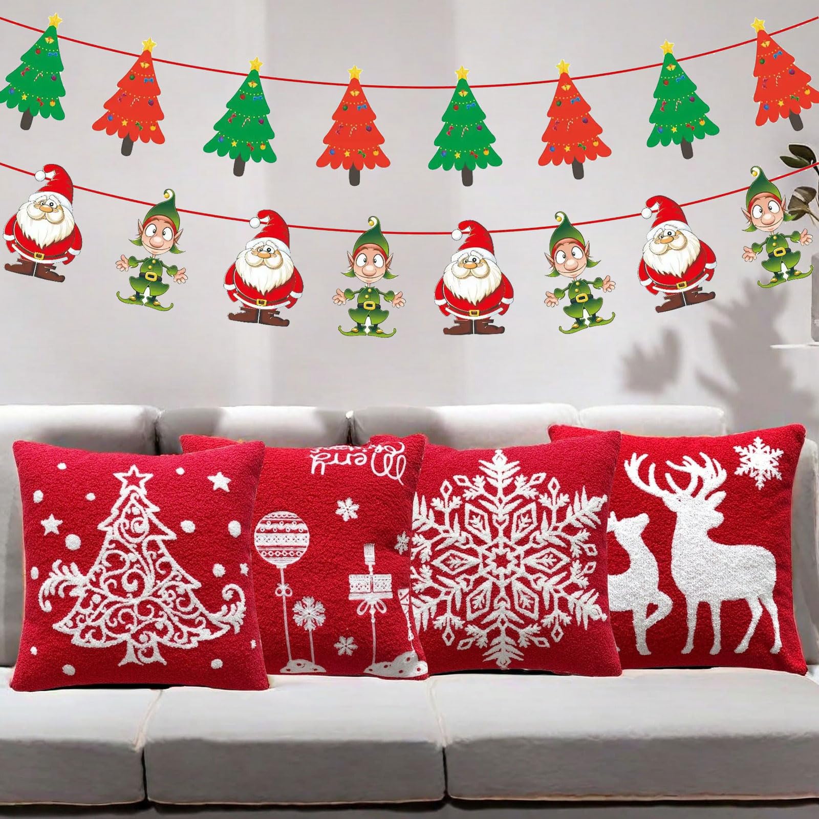Fundas de almohada rojas navideñas de 18 x 18 pulgadas, funda de cojín suave para decoración de sofá, funda de cojín suave con copo de nieve para sala de estar (ciervo)