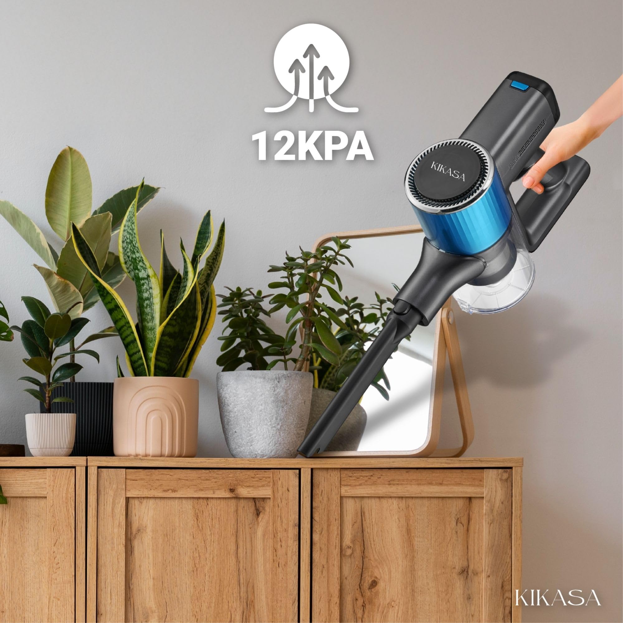 Kikasa Aspiradora Vertical Sin Cables 18.5V Plegable, 150W Potente, 3 Velocidades, Filtro HEPA, Cepillo con Luz LED y Depósito de 400 ml, hasta 35 min de Autonomía