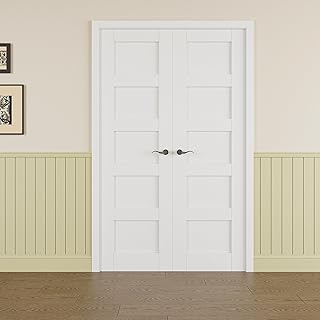 Prehung French Door Set, 60" x 80", 5-Panel Solid Core, Black Hinges, 4 Levers & Latch, Solid Core Interior Door, Pre-Finished & Paintable, MDF Double Doors Interior