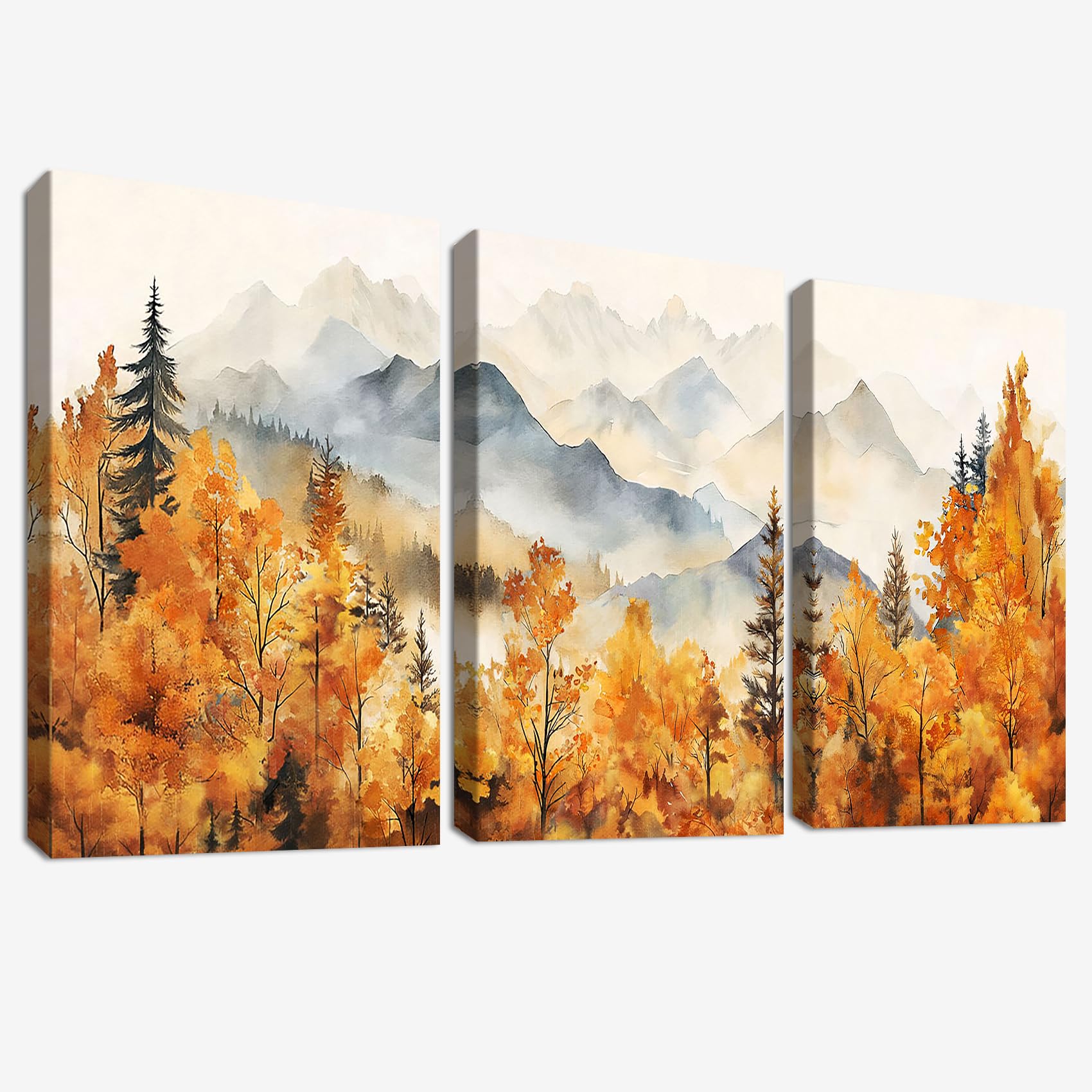 3Pcs Aquarell Herbst Bergwald Mit Rahmen Leinwand Bilder Orangefarbene neblige Waldlandschaft Bild auf Leinwand Malerei Wandbilder Wohnzimmer Schlafzimmer Badezimmer Wanddeko 150x70cm (20"x28"x3)