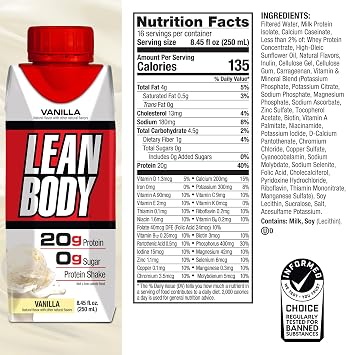 LABRADA Nutrition - Lean Body RTD Whey Protein Shake, Convenient On-The-Go Meal Replacement Shake for Men & Women, 20 Grams of Protein Zero Sugar, Lactose & Gluten Free, Vanilla (Pack of 16)