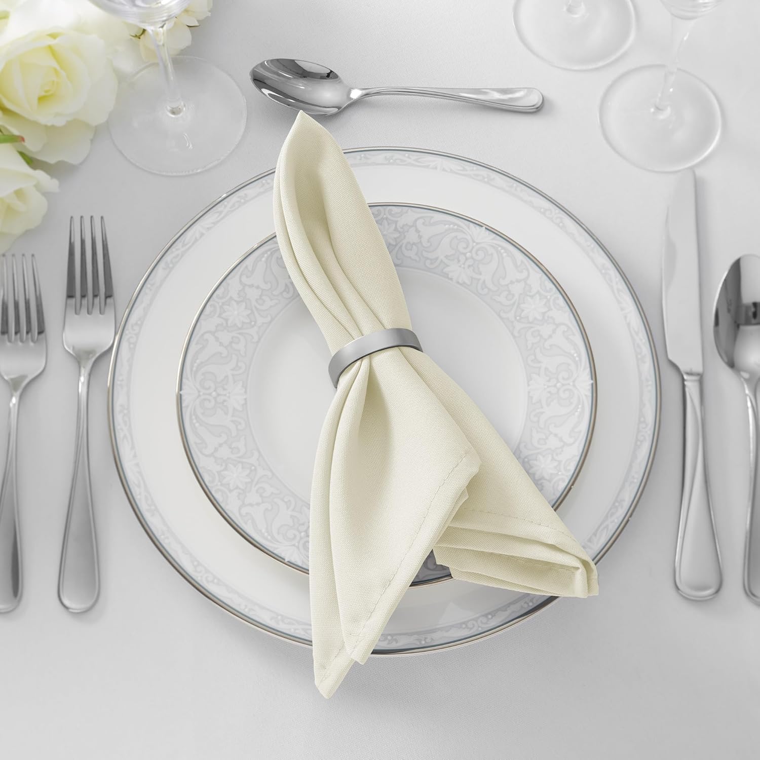 Lann's Linens Set of 12 Cloth Dinner Napkins, 17-inch Polyester Napkins, Washable and Reusable Fabric for Weddings, Hotels, Restaurants - Ivory